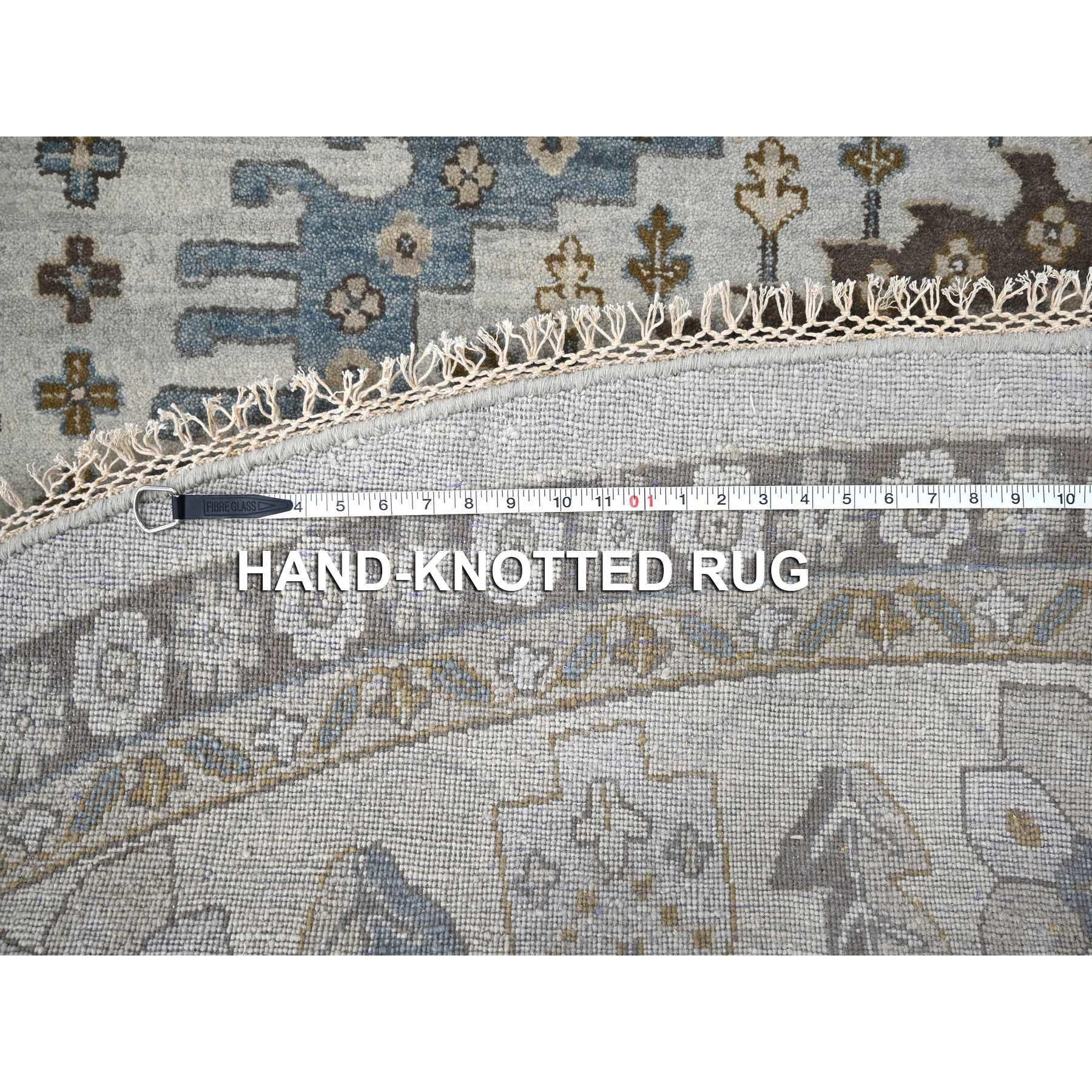 12'x12' Cloud Gray Hand Knotted Farsian Geometrical Medallions Wool Round Rug For Sale 1