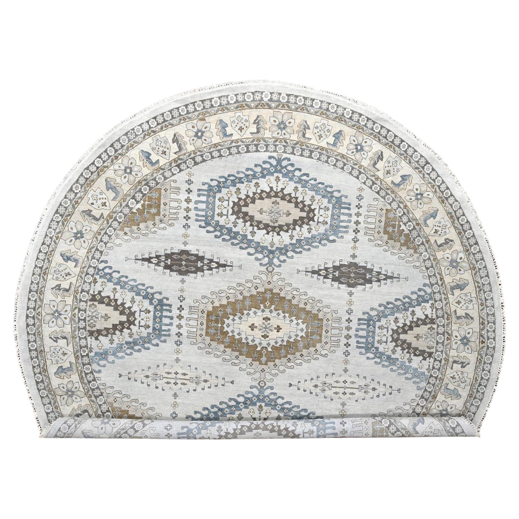 12'x12' Cloud Gray Hand Knotted Farsian Geometrical Medallions Wool Round Rug For Sale