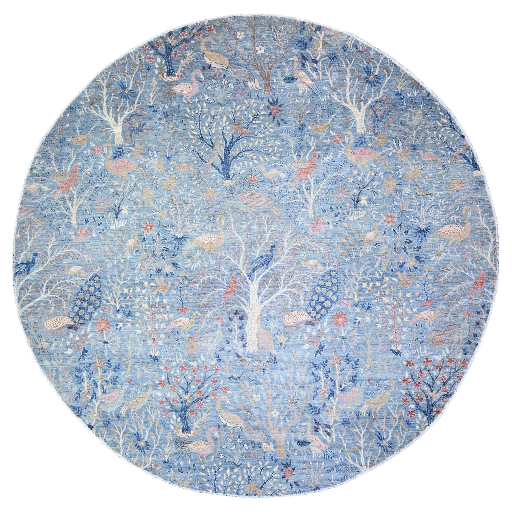 12'x12' Glaucous Blue Hand Knotted Afghan Peshawar Soft Wool Round Rug For Sale