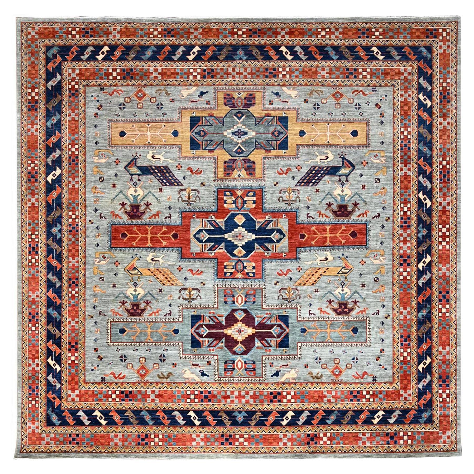 12'x12' Gray All Wool 200 KPSI Armenian Inspired Caucasian Design Square Rug