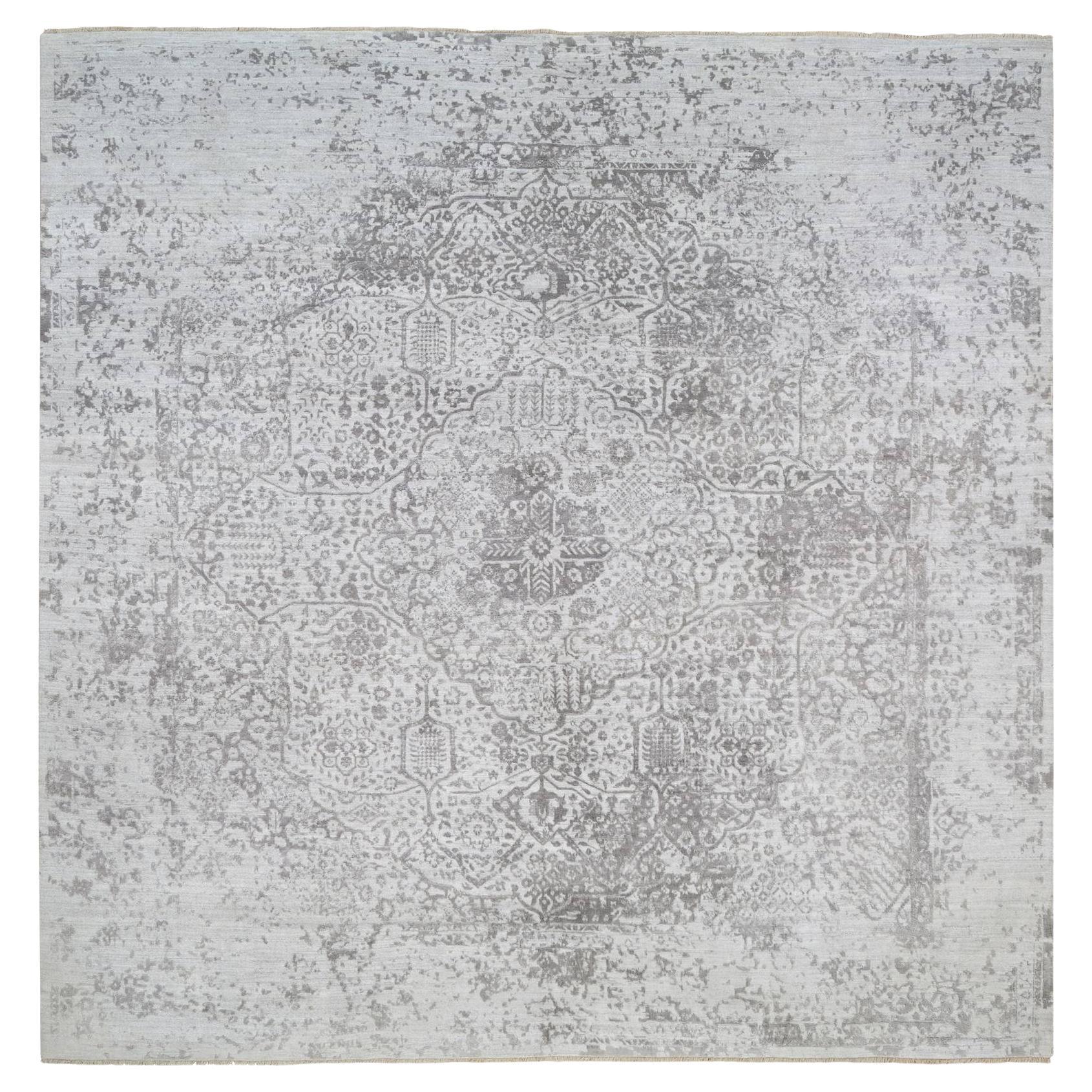 12'x12' Grauer, Broken Persian Design, handgeknüpfter Teppich aus Wolle und reiner Seide
