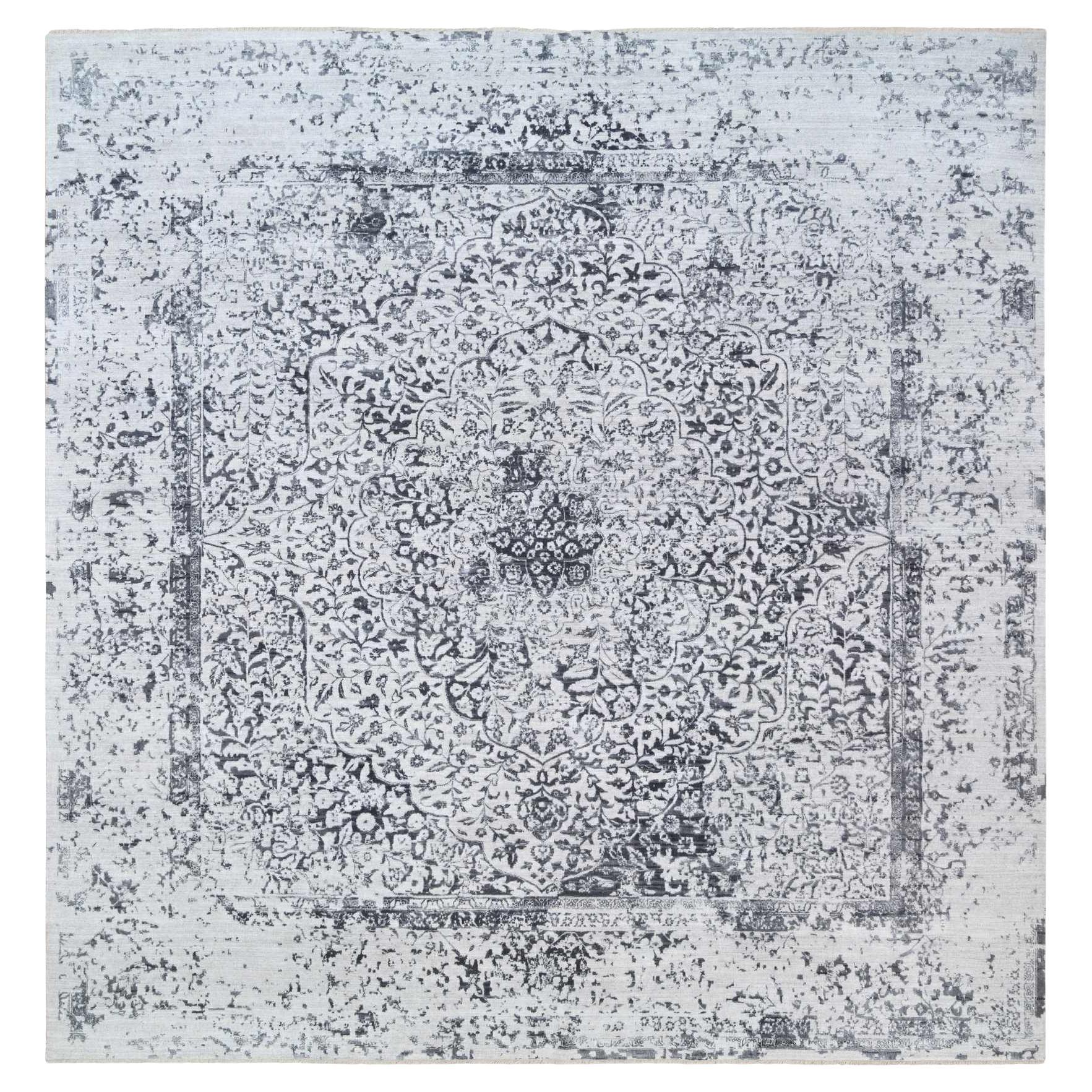 12'x12' Alfombra cuadrada anudada a mano de lana y seda con diseño persa borrado gris