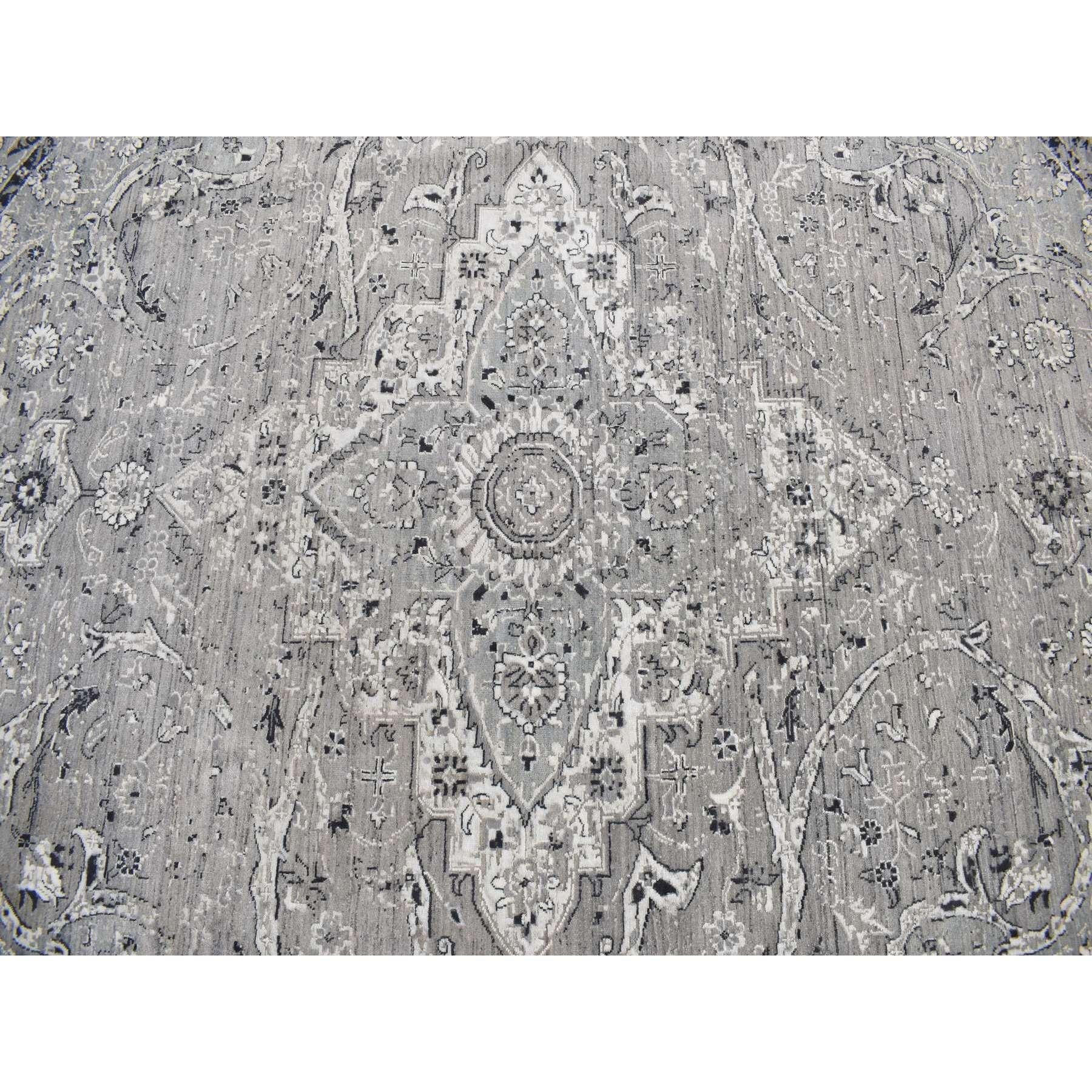 12'x12' Grau, Persisches Design, Reine Seide mit Wolle Handgeknüpft Rundteppich im Angebot 1