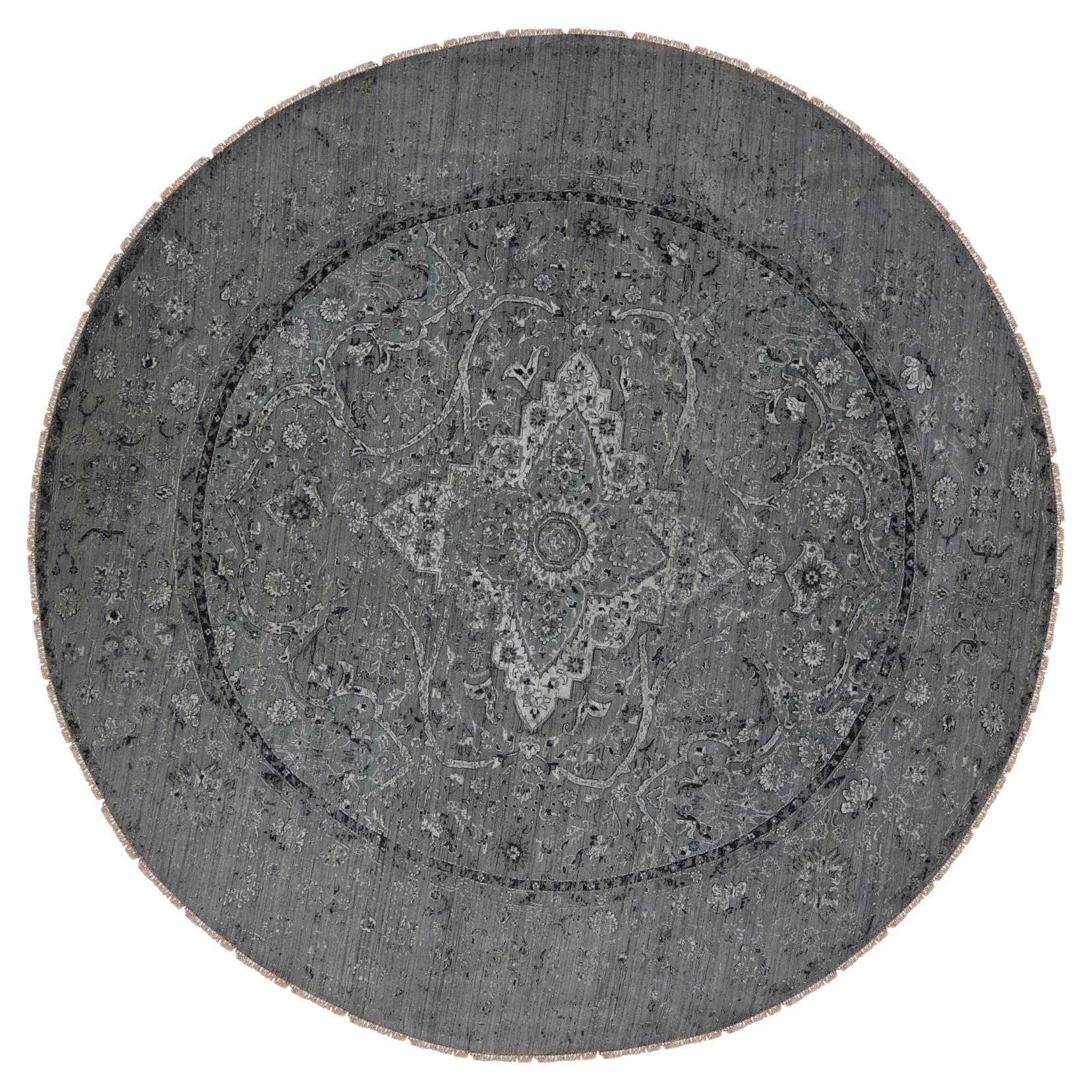 12'x12' Gray, Persian Design, Pure Silk with Wool Hand Knotted Round Rug