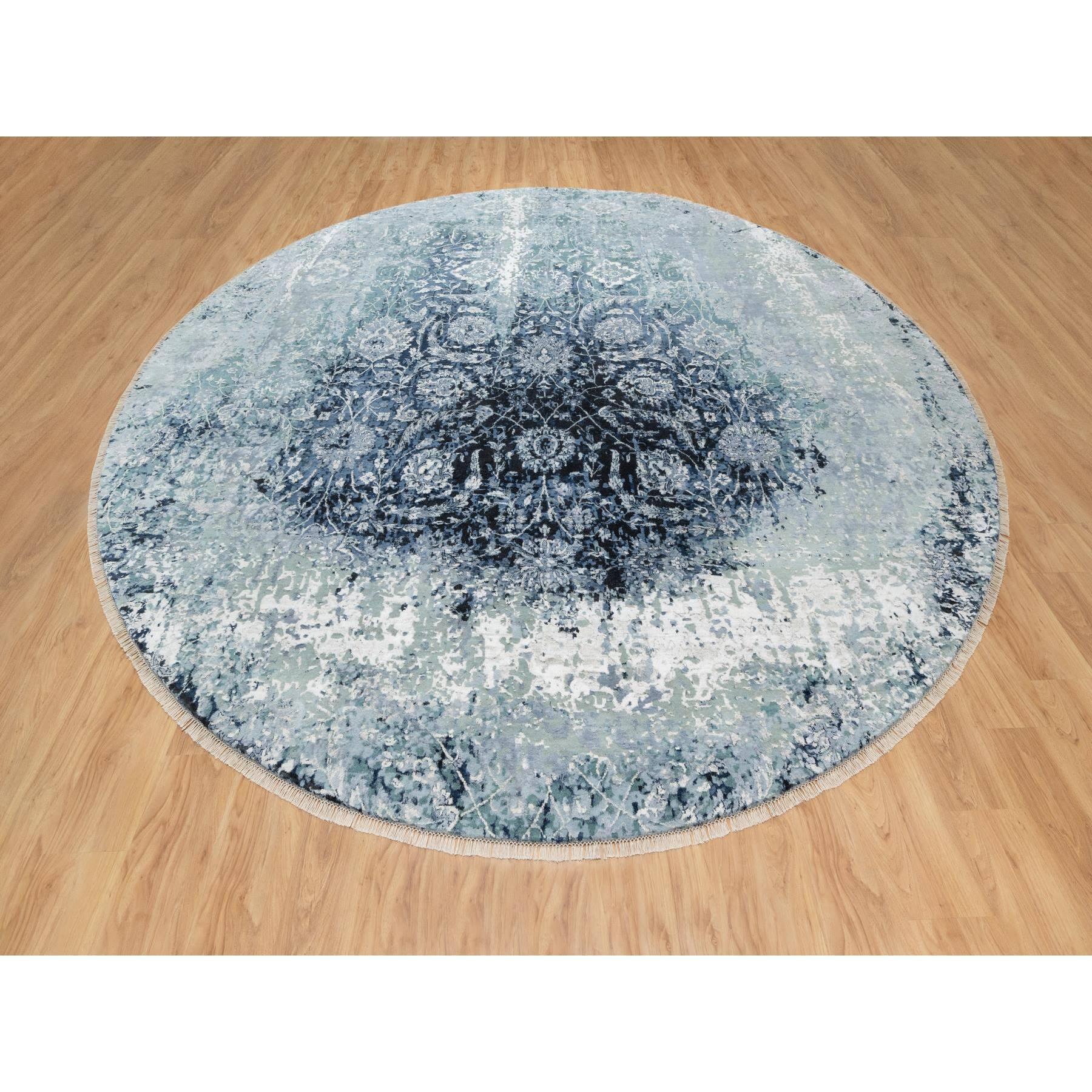 Gray with a Mix of Blue, Broken and Erased Persian Tabriz Design, Wool and Silk, Hand Knotted, Round, Oriental Rug
Primary materials: Wool & Silk
Latex: No Pile 
height: 0.25 Inches
Style: Transitional
Primary color: Grey
Secondary colors: Midnight