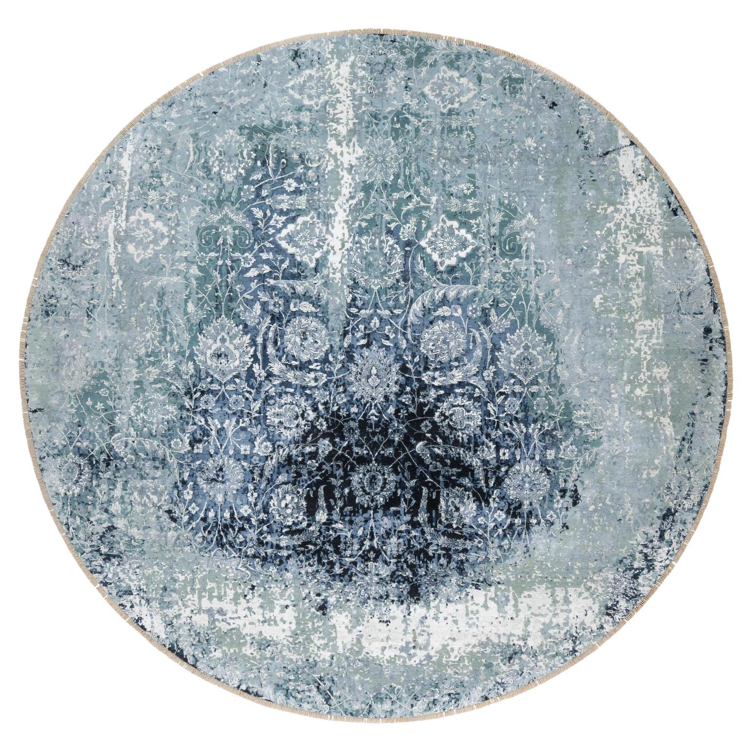 12'x12' Gray, Tabriz Design, Wool and Silk Hand Knotted Round Rug For Sale