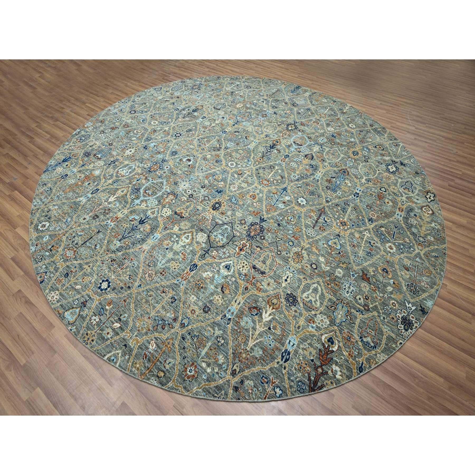 Indien 12'x12' Green Trellis Borderless Garden Design Hand Knotsted All Wool Round Rug (Tapis rond en laine) en vente