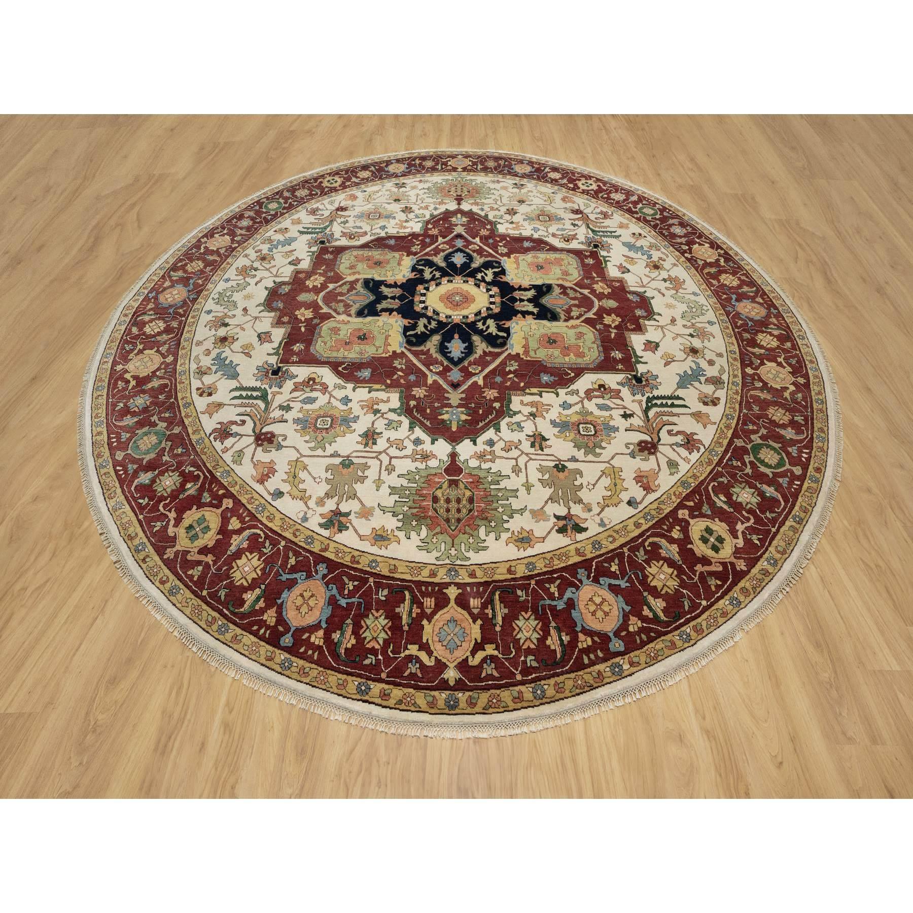 Parchment White and Brick Red Border, Antiqued Fine Heriz Re-Creation with Leaf Design Medallion, Thick and Plush, Pure Wool, Hand Knotted, Round, Oriental Rug
Primary materials: Wool
Latex: No Pile 
height: 0.25 Inches
Style: Traditional
Primary