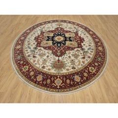 12'x12' Ivory Antiqued Fine Heriz Re-Creation Hand Knotted Pure Wool Round Rug