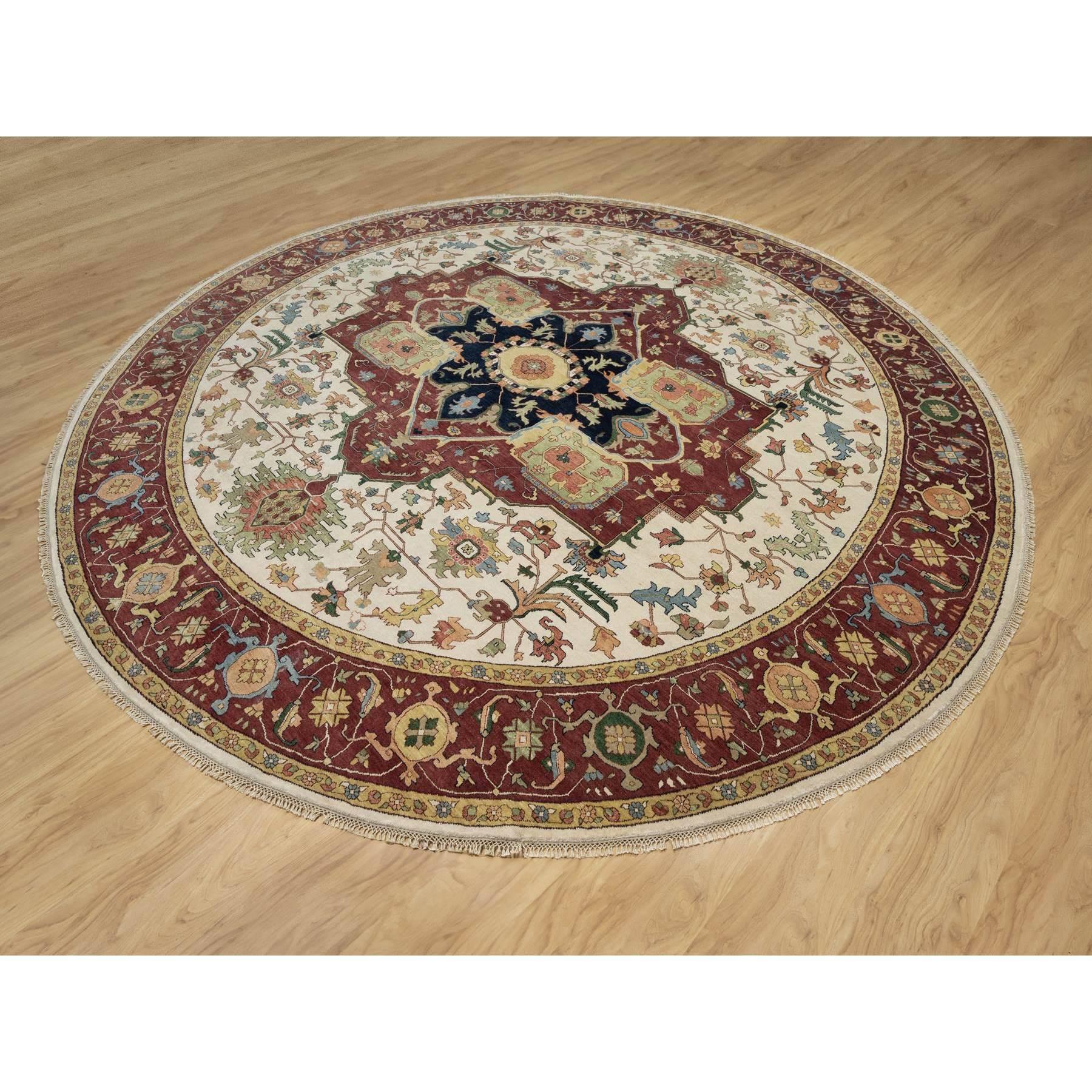 Tribal 12'x12' Ivory Antiqued Fine Heriz Re-Creation Hand Knotted Pure Wool Round Rug For Sale