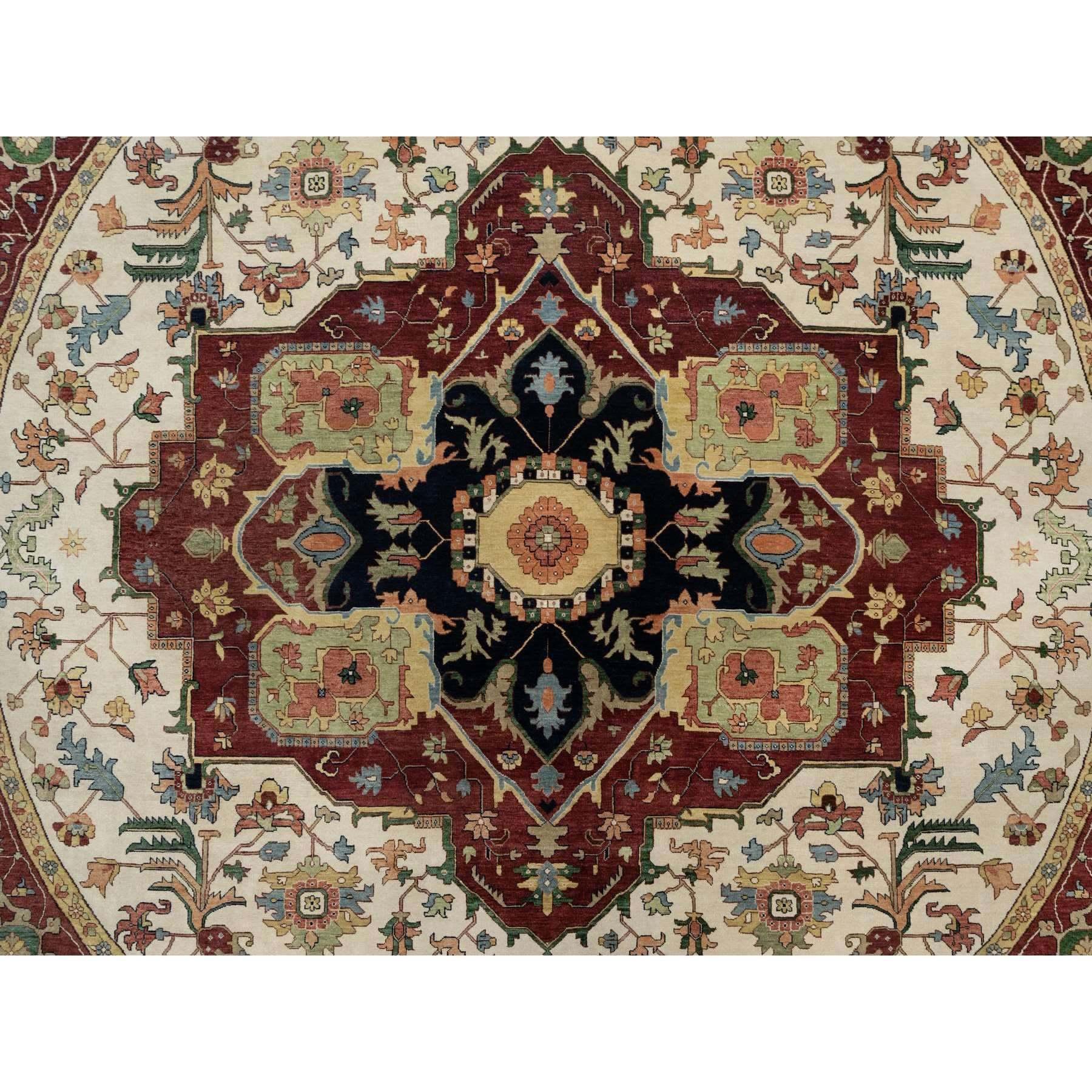 12'x12' Ivory Antiqued Fine Heriz Re-Creation Hand Knotted Pure Wool Round Rug For Sale 1