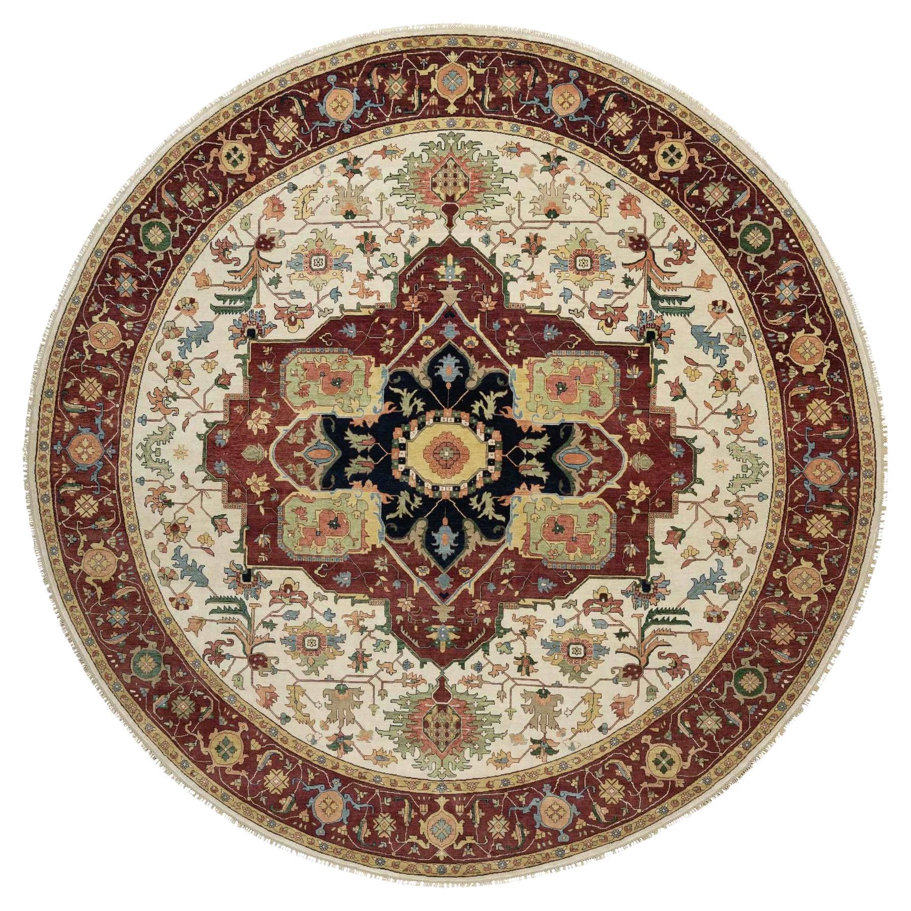 12'x12' Ivory Antiqued Fine Heriz Re-Creation Hand Knotted Pure Wool Round Rug