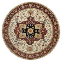 12'x12' Ivory Antiqued Fine Heriz Re-Creation Hand Knotted Pure Wool Round Rug