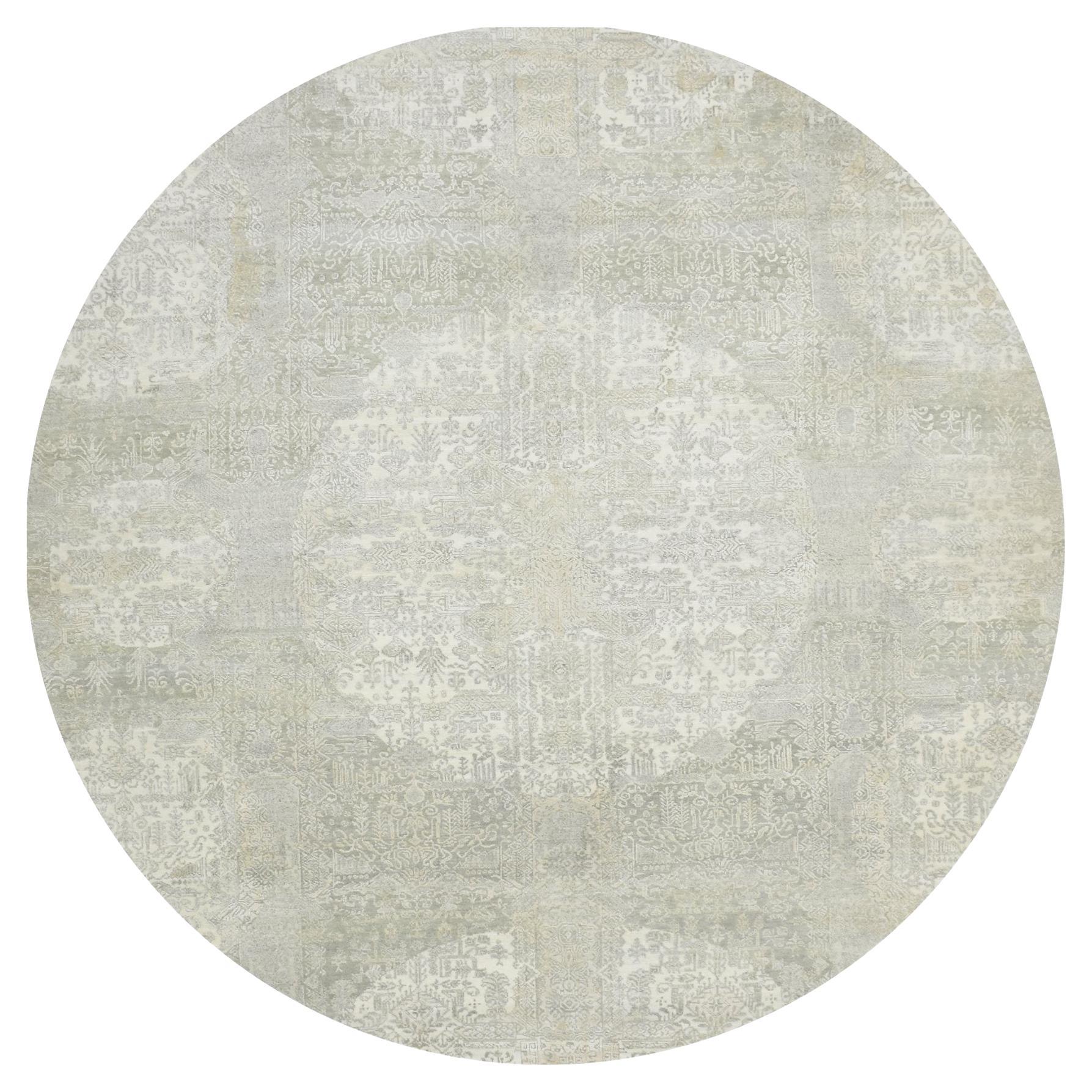 12'x12' Avorio Gioielli Design Lana e Seta annodato a mano Tappeto orientale rotondo