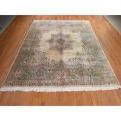 12'x12' Ivory Vintage Persian Kirman Square Hand Knotted Wool Oriental Rug