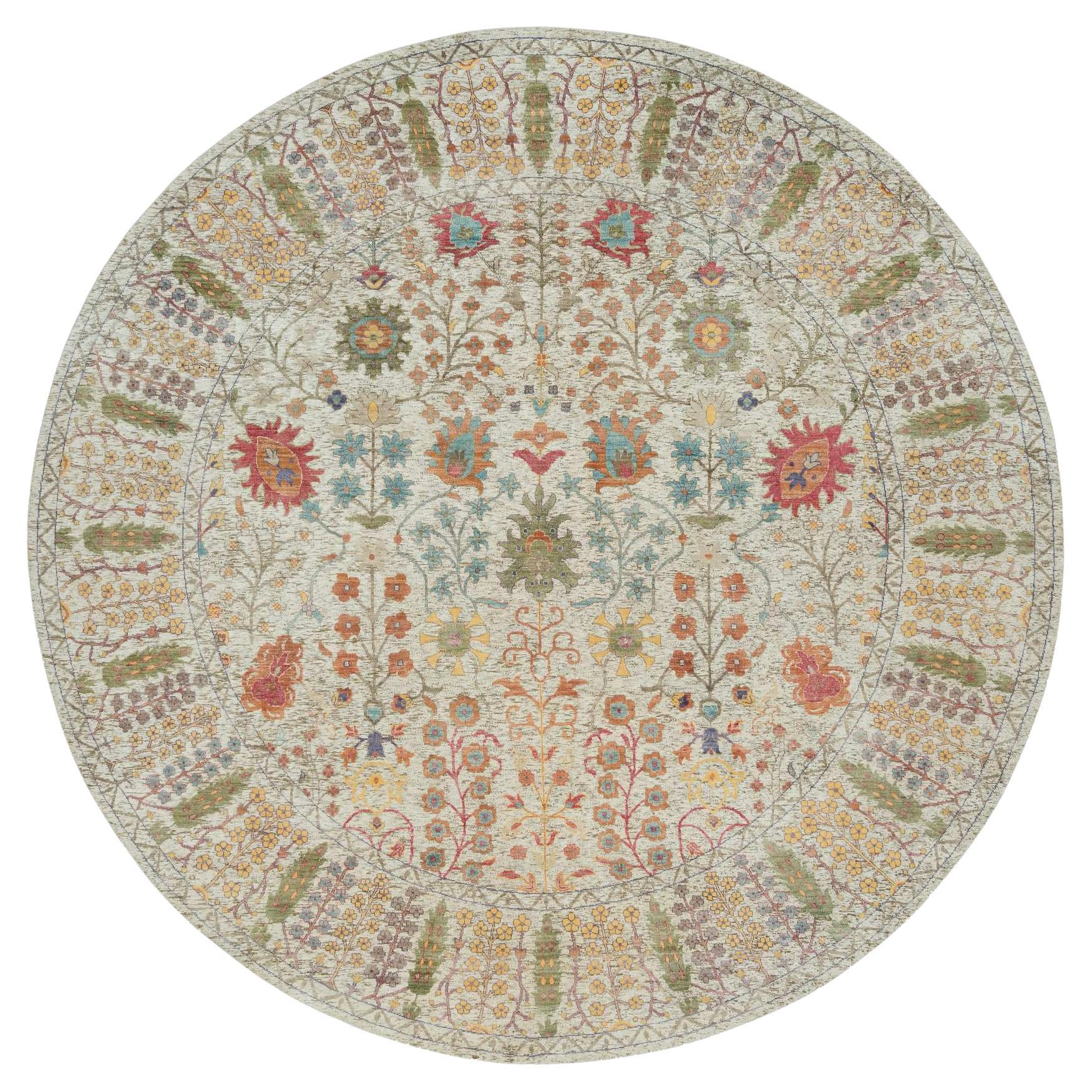 12'x12' Lin Beige Laine et Soie Directional Tapis rond oriental noué à la main