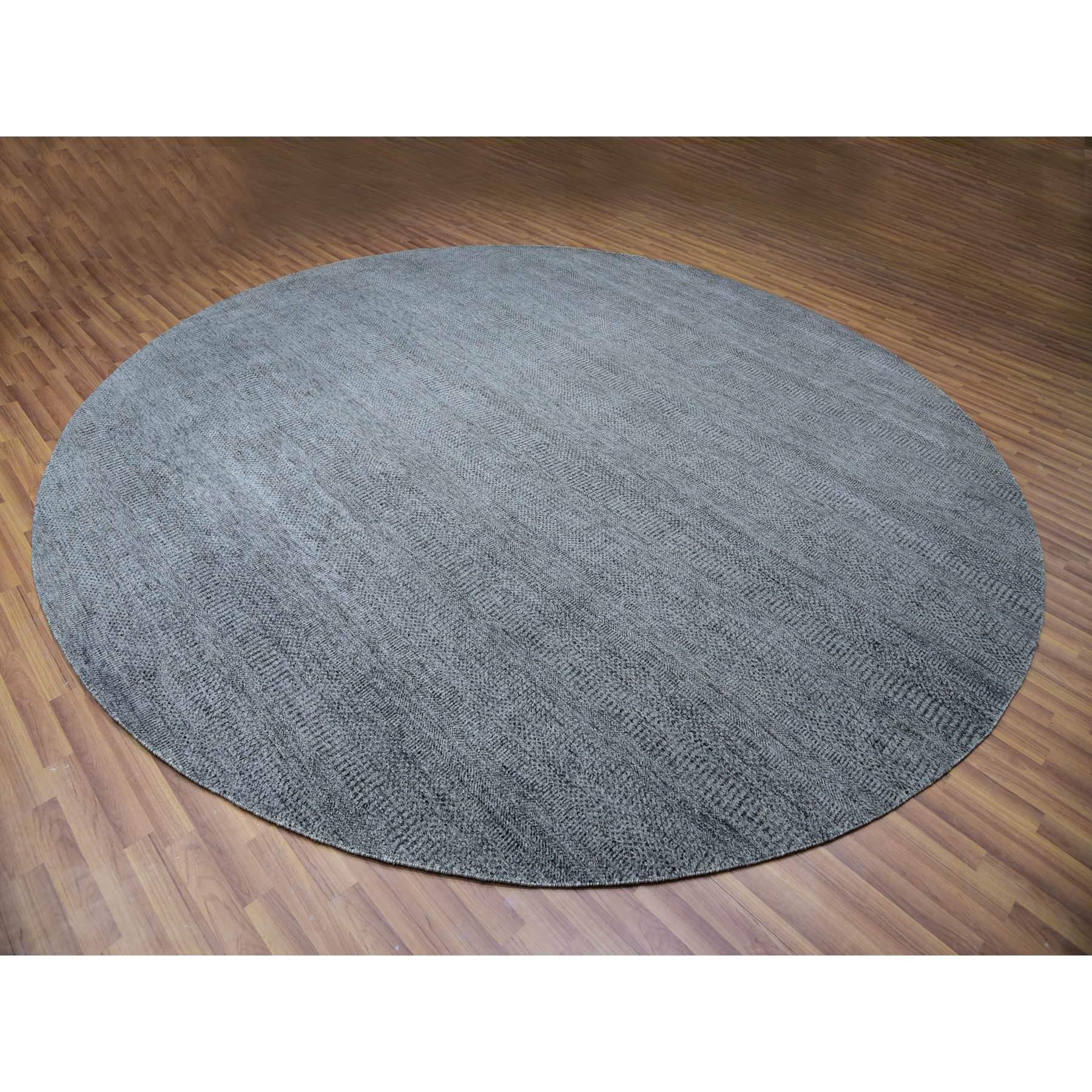 12'x12' Zinn gegossener, grauer, handgeknüpfter, runder Teppich aus lebhafter Wolle mit grauem Grasdesign (Moderne)
