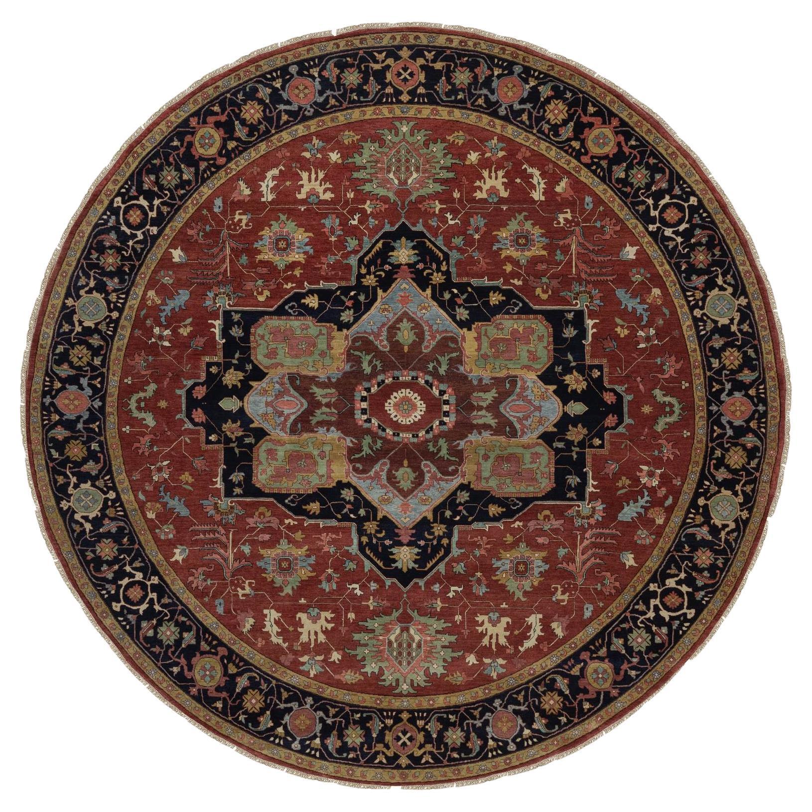 12'x12'  Red Antiqued Fine Heriz Re-Creation Soft Wool Hand Knotted Round Rug