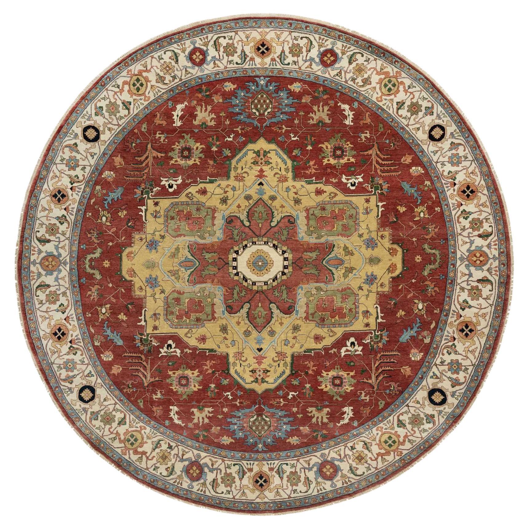 Tapis rond en laine nouée à la main 12'x12' Rouge Antiquités Heriz Re-Creation Center Design