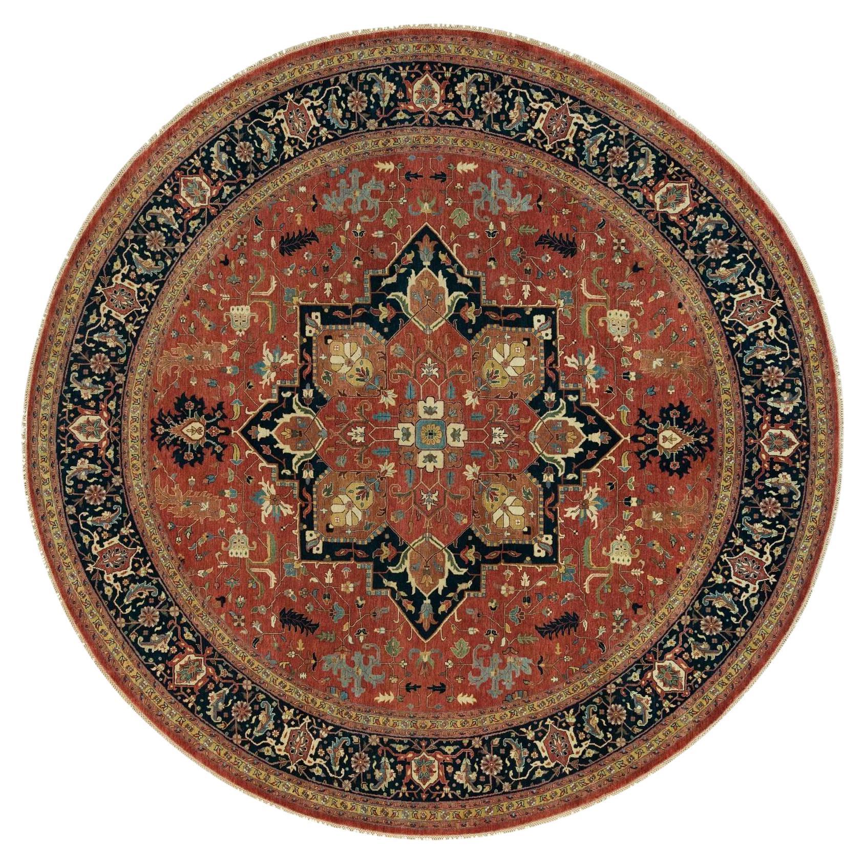 12'x12' Red Hand Knotted Antiqued Fine Heris Re-Creation 100% Wool Round Rug