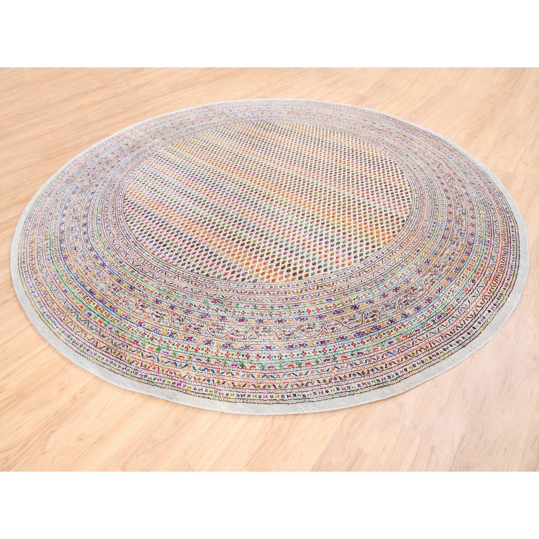 Indiano Tappeto rotondo 12'x12' in lana colorata e seta sari Sarouk Mir annodato a mano in vendita
