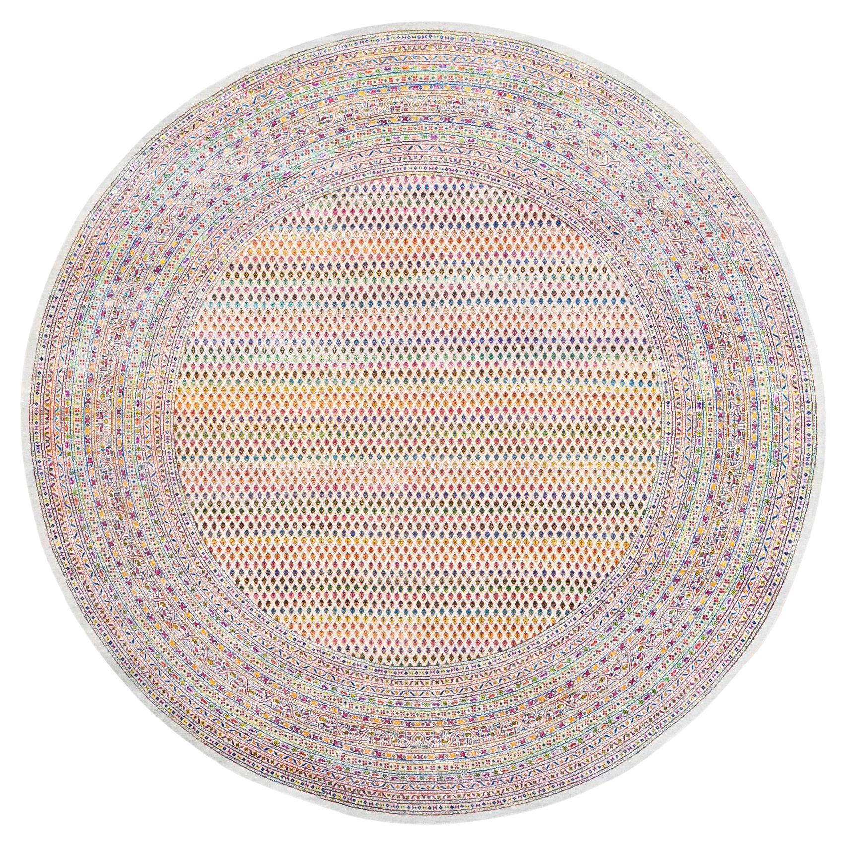 12'x12' Round Colorful Wool And Sari Silk Sarouk Mir Handknotted Rug