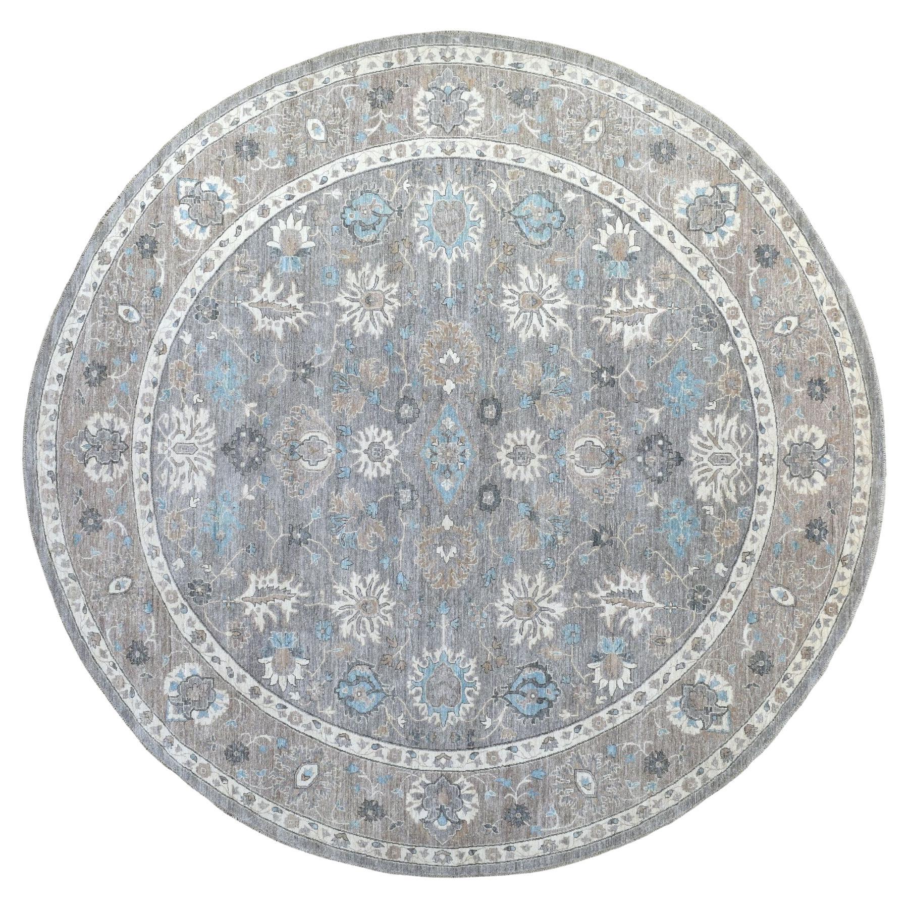 12'x12' Silver Gray Hand Knotted Soft Wool Fine Peshawar Oriental Round Rug
