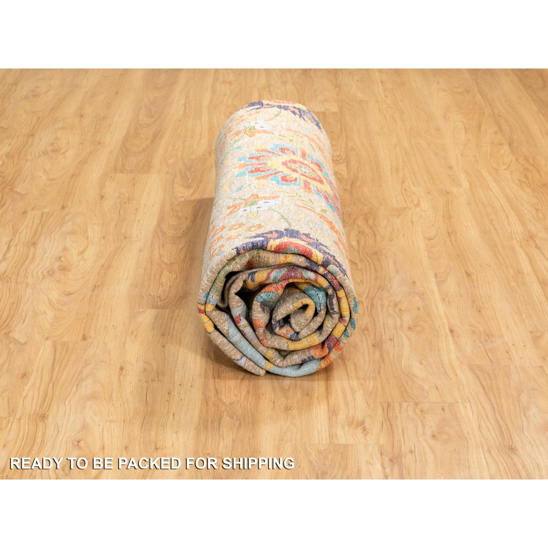 12'x12' Tan Seide mit strukturiertem Wollteppich mit Sickle Leaf Design, handgeknüpft im Angebot 3