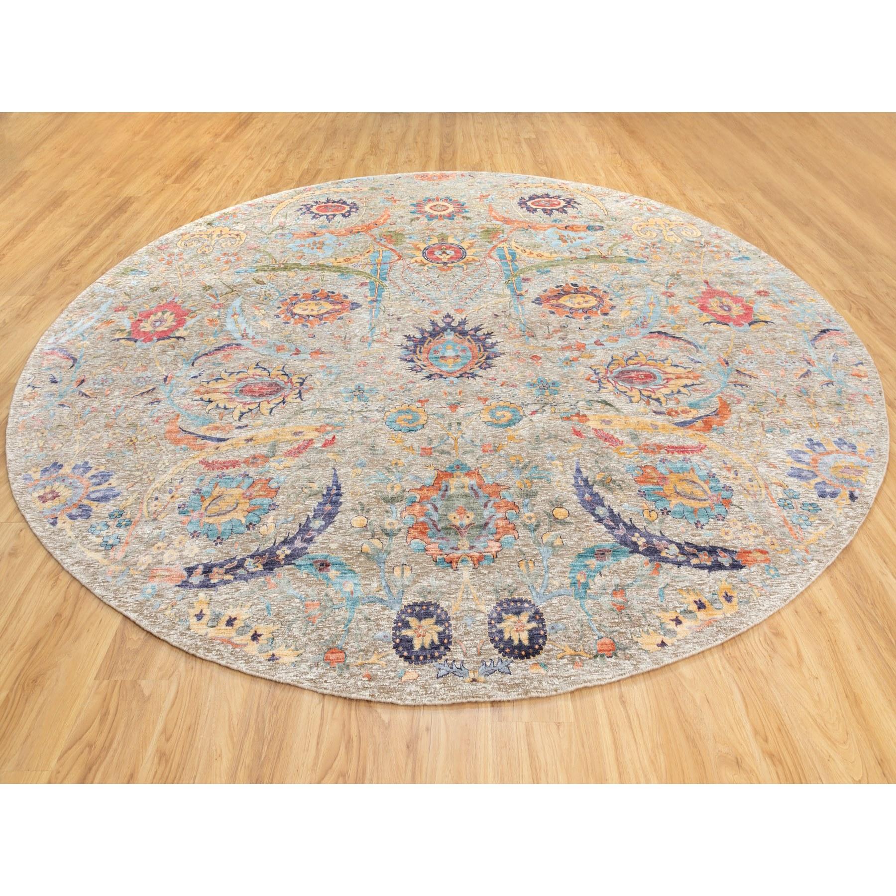 12'x12' Tan Seide mit strukturiertem Wollteppich mit Sickle Leaf Design, handgeknüpft (Moderne) im Angebot