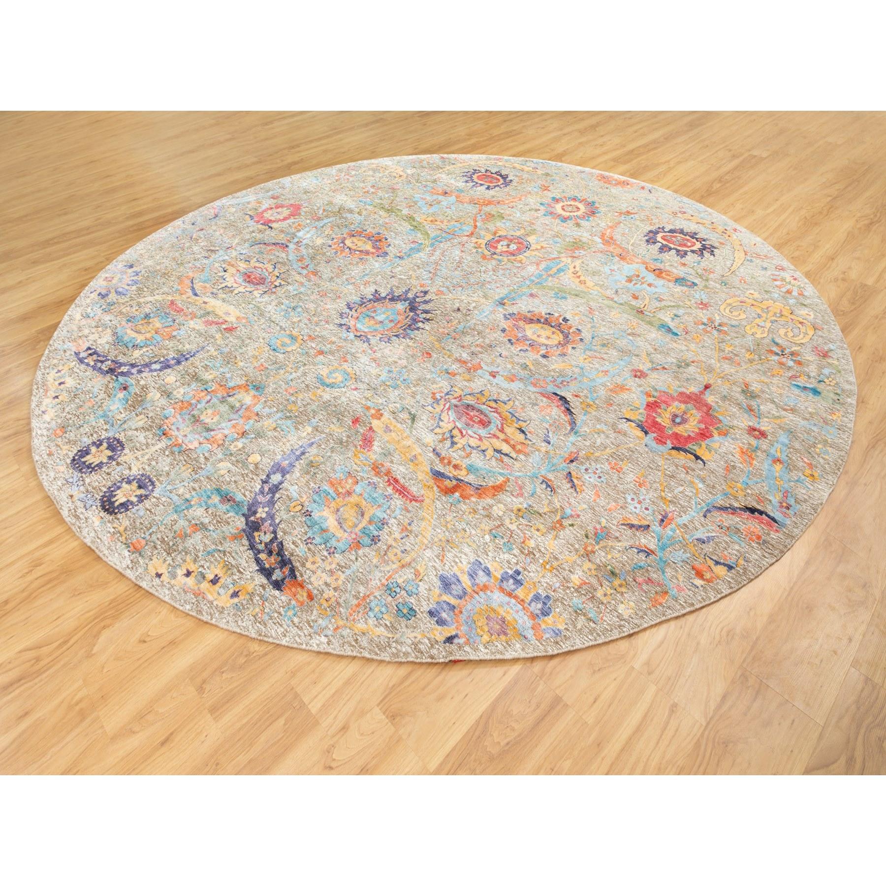 12'x12' Tan Seide mit strukturiertem Wollteppich mit Sickle Leaf Design, handgeknüpft (Indisch) im Angebot
