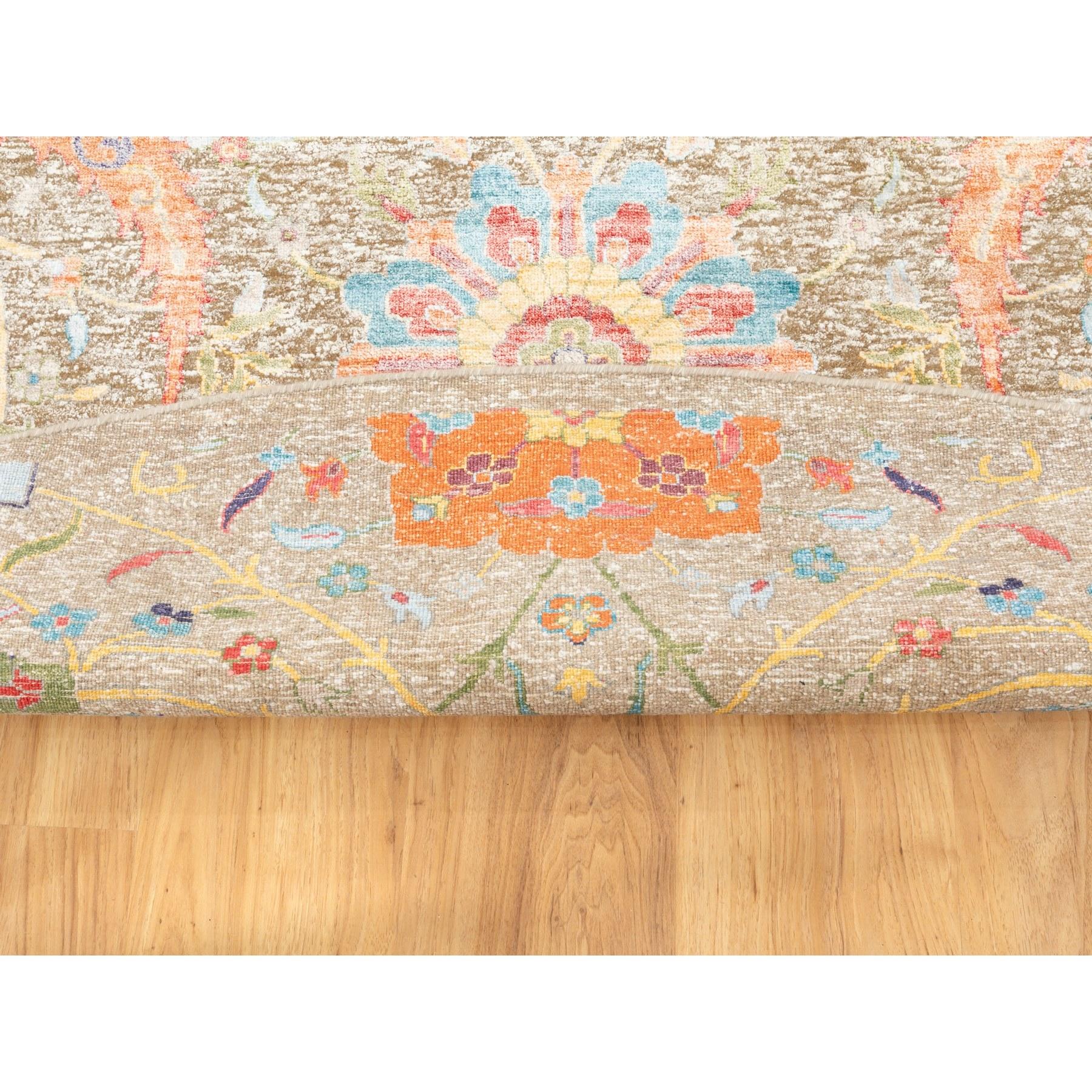 12'x12' Tan Seide mit strukturiertem Wollteppich mit Sickle Leaf Design, handgeknüpft (Handgeknüpft) im Angebot