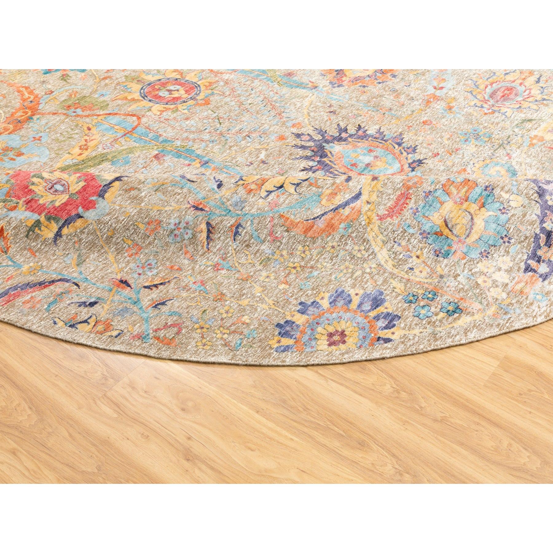 12'x12' Tan Seide mit strukturiertem Wollteppich mit Sickle Leaf Design, handgeknüpft (21. Jahrhundert und zeitgenössisch) im Angebot