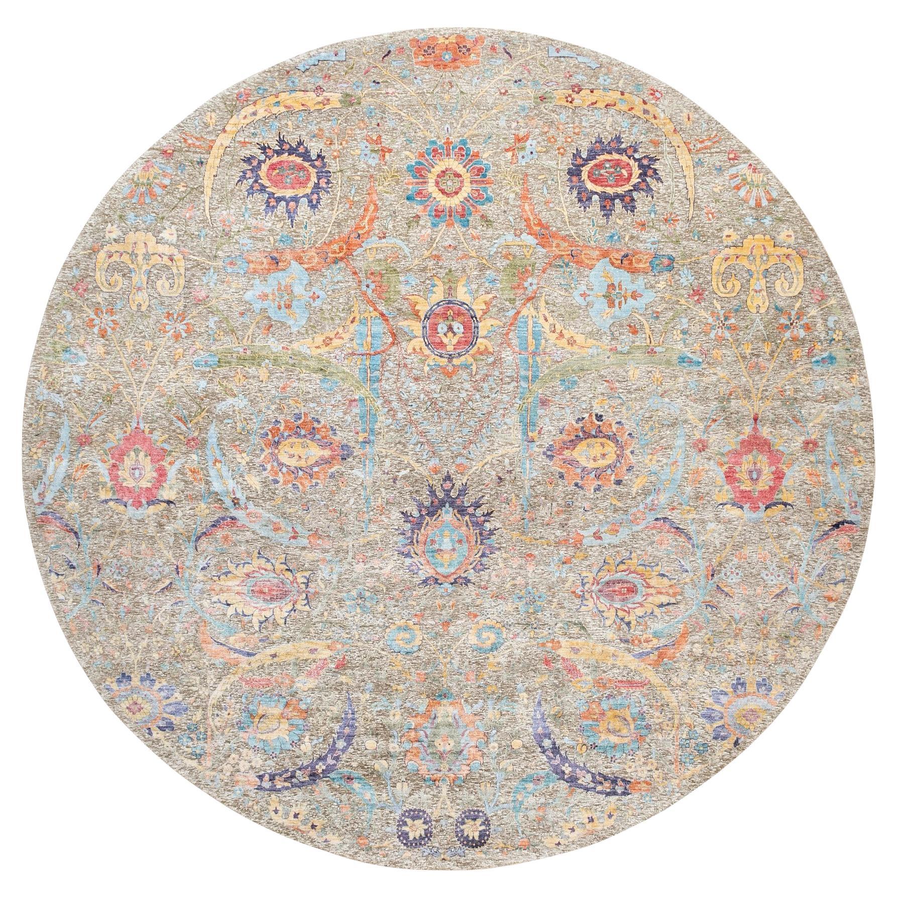 12'x12' Tan Silk With Textured Wool Sickle Leaf Design Hand Knotted Rug