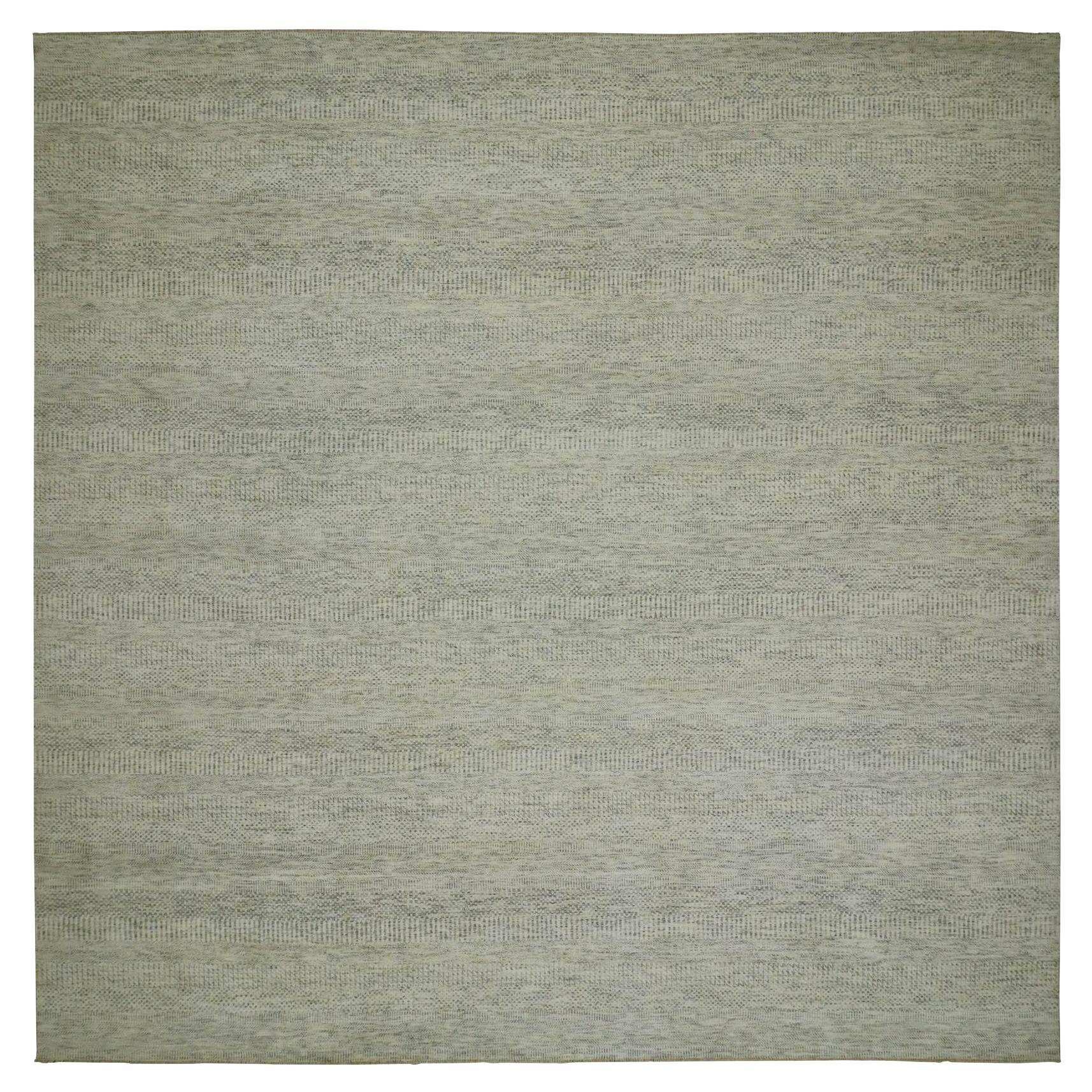 12'x12' Weißer, handgeknüpfter, moderner, quadratischer, grauer, getönter, 100 % Wollteppich mit Grasmuster auf Tone