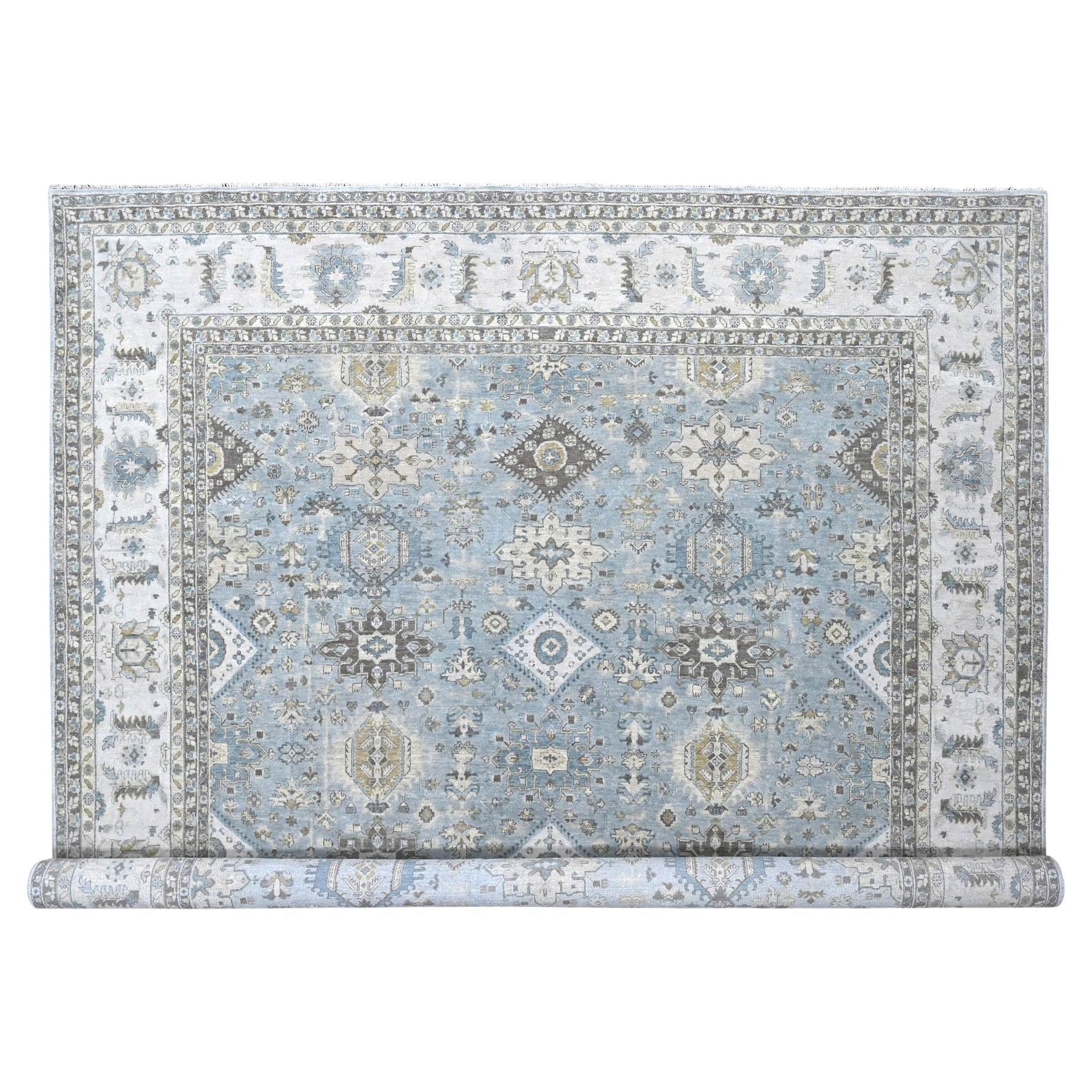 12'x13'8" Grauer handgeknüpfter Karajeh-Design-Teppich mit Stammesmedaillons aus reiner Wolle
