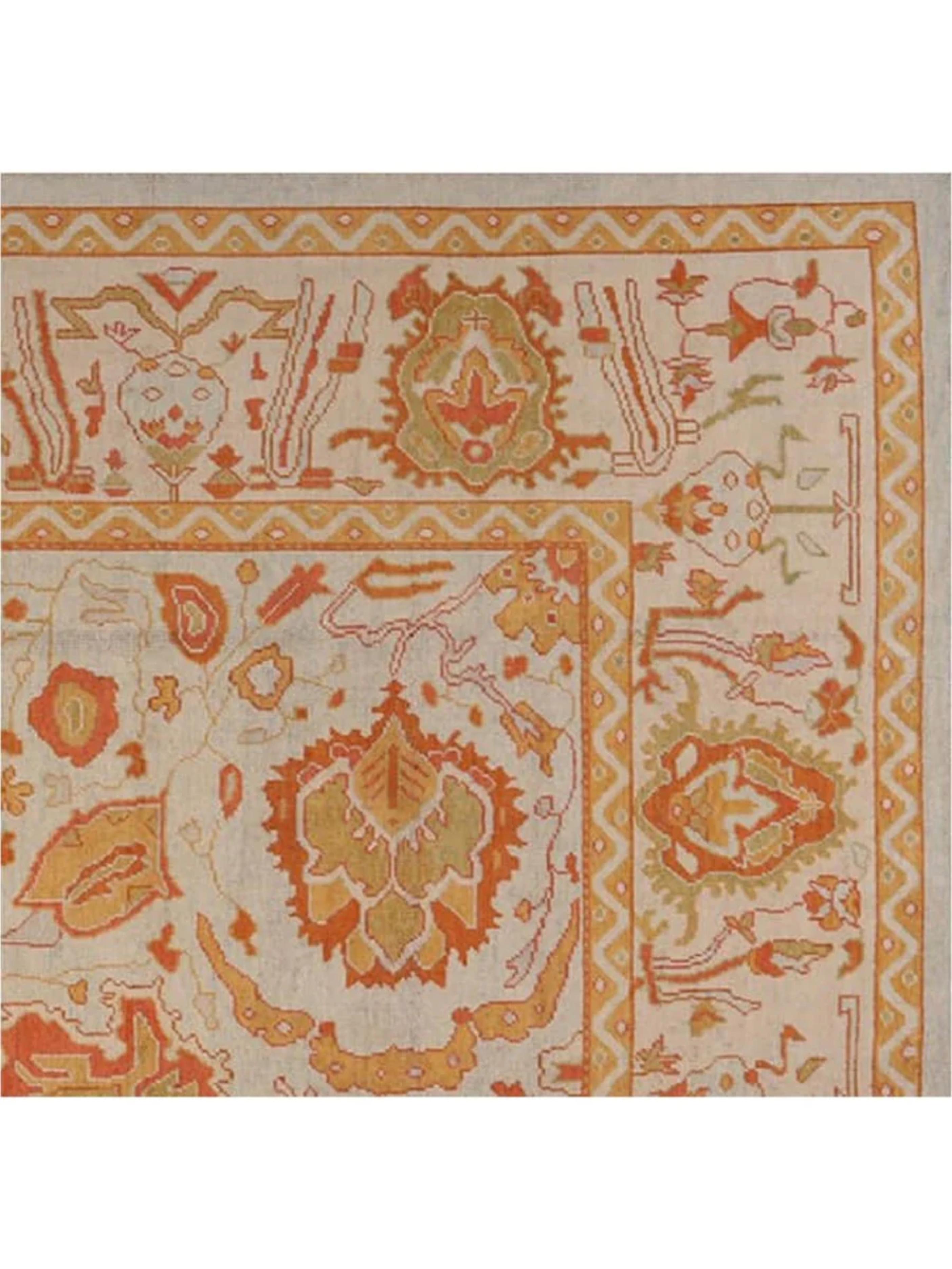 Dieser türkische Oushak-Teppich im Format 12x14 verleiht Ihrer Einrichtung einen Hauch von zeitloser Eleganz. Dieser exquisite Teppich wird in der Türkei mit traditionellen Techniken handgeknüpft und steht für außergewöhnliche Handwerkskunst und