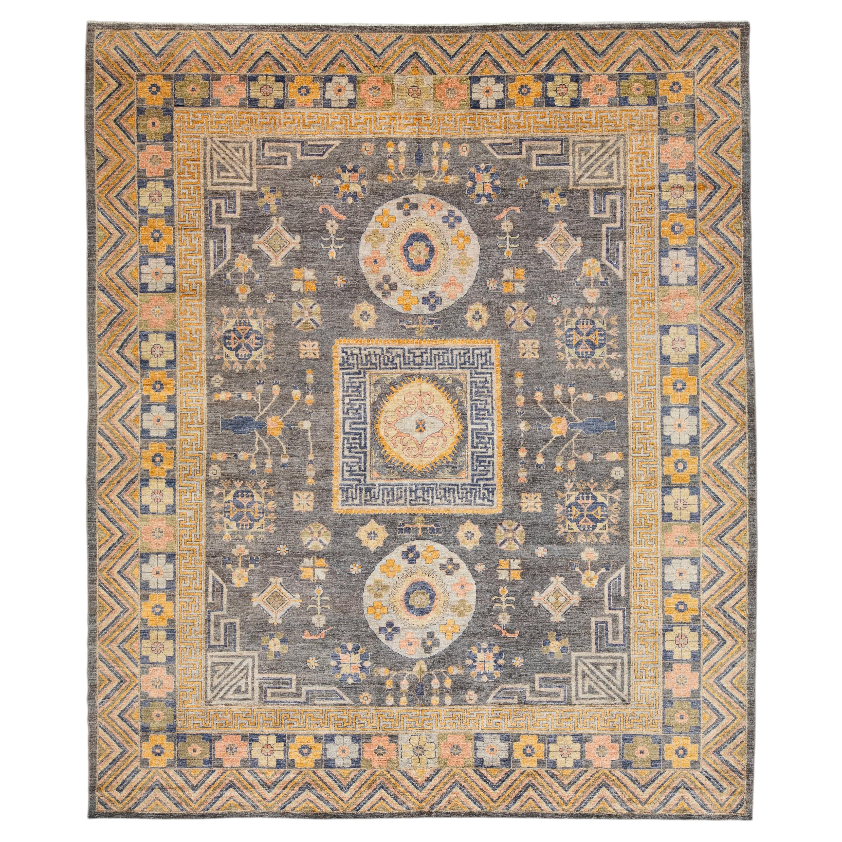 12x14 Modern Khotan Style Charcoal & Gold Handmade Wool Area Rug For Sale