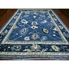 12'x14'10" Blue Angora Oushak with All Over Leaf Design Hand Knotted Wool Rug