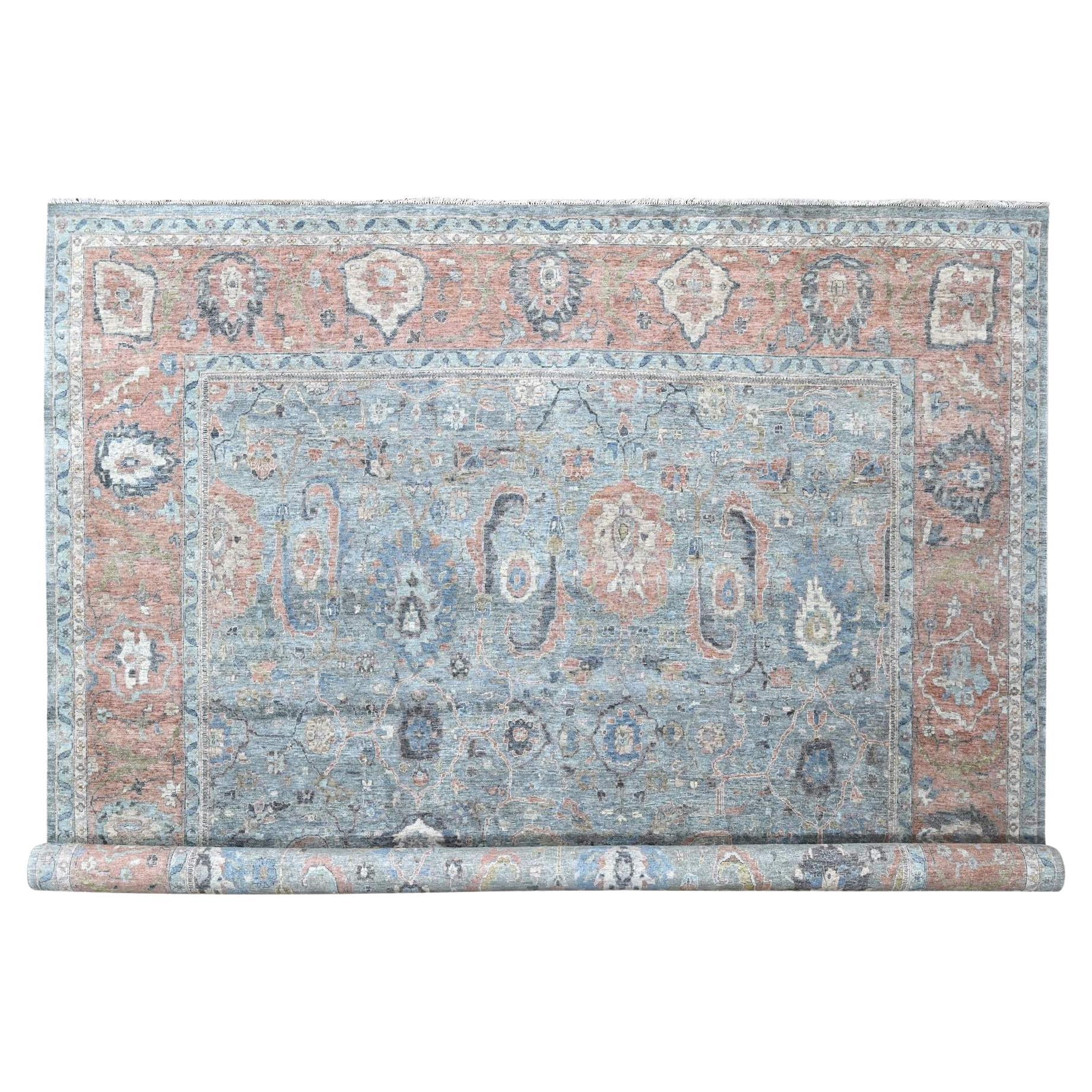 12'x14'10" Blauer antiker persischer Ziegler Mahal-Teppich aus reiner Wolle, handgeknüpft