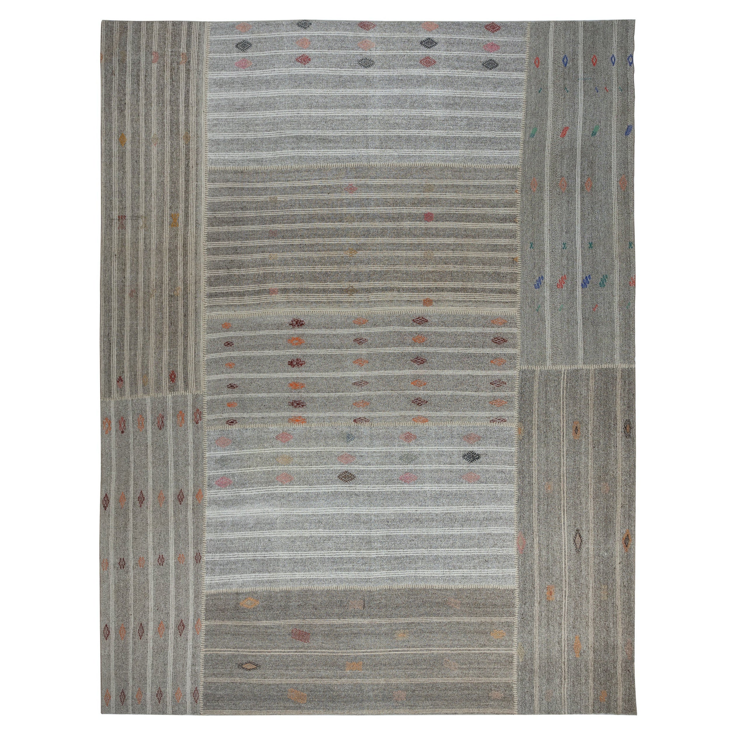 12x14.2 ft Vintage Gray Kilim, Turkish Handwoven Cotton & Goat Hair Rug Carpet