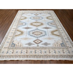 12'x14'8" Grauer persischer, vom Dorf inspirierter Teppich aus reiner Wolle mit geometrischen Elementen im Design