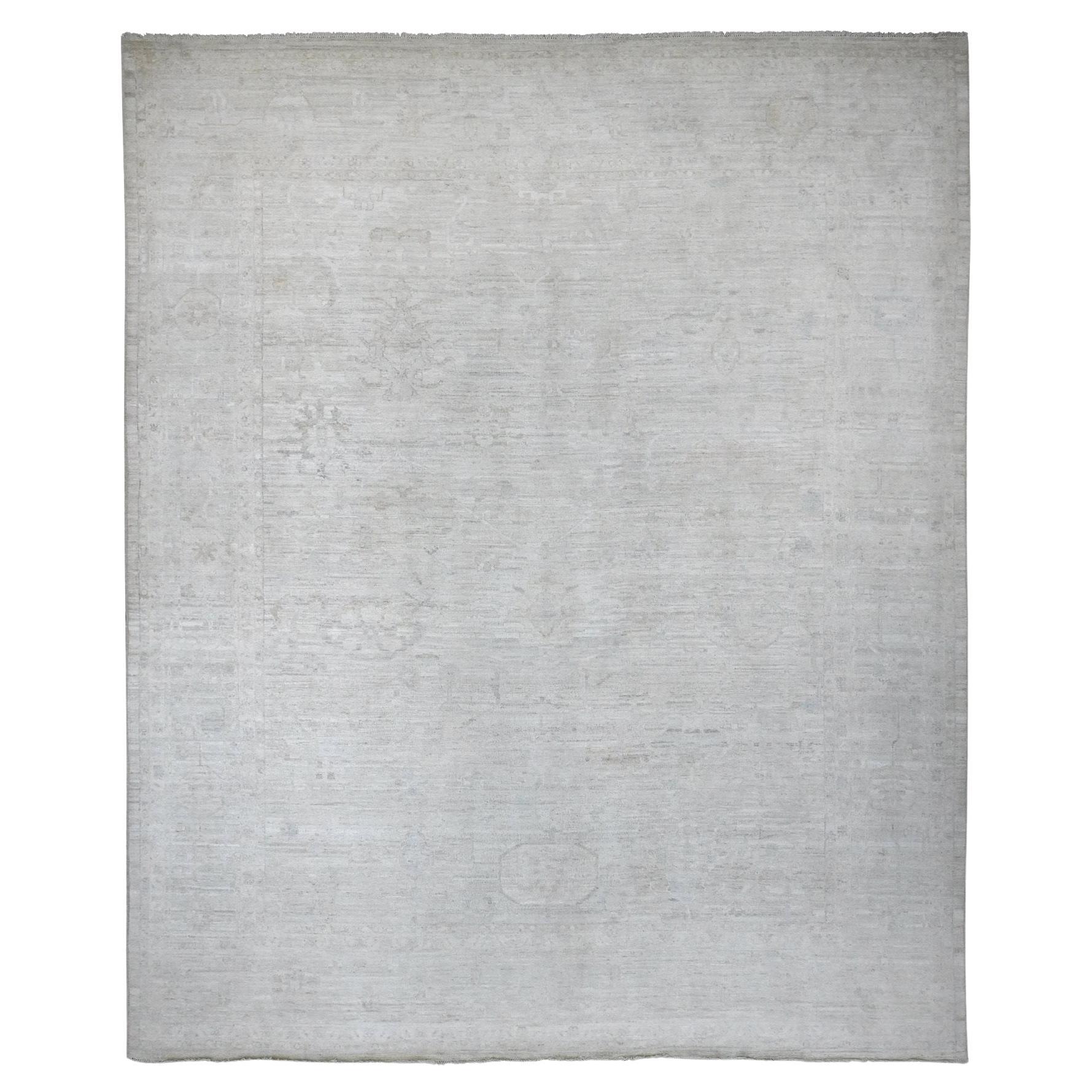 12'x14'8" White Hand Knotted Afghan Angora Oushak All Over Leaf Pattern Wool Rug