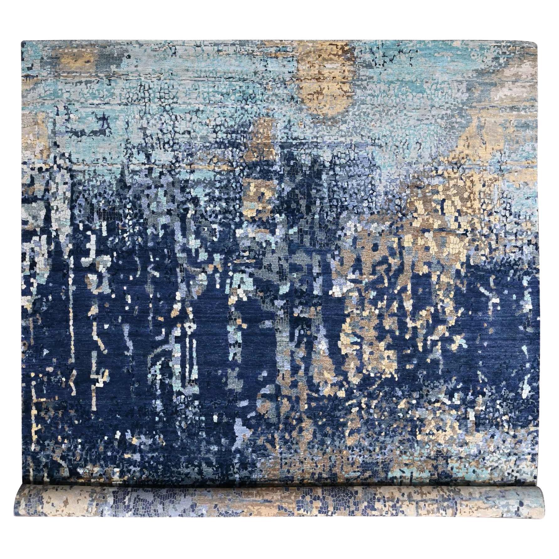 12'x14'9" Blue with Gold Modern Mosaic Design Wool and Silk Hand Knotted XL Rug