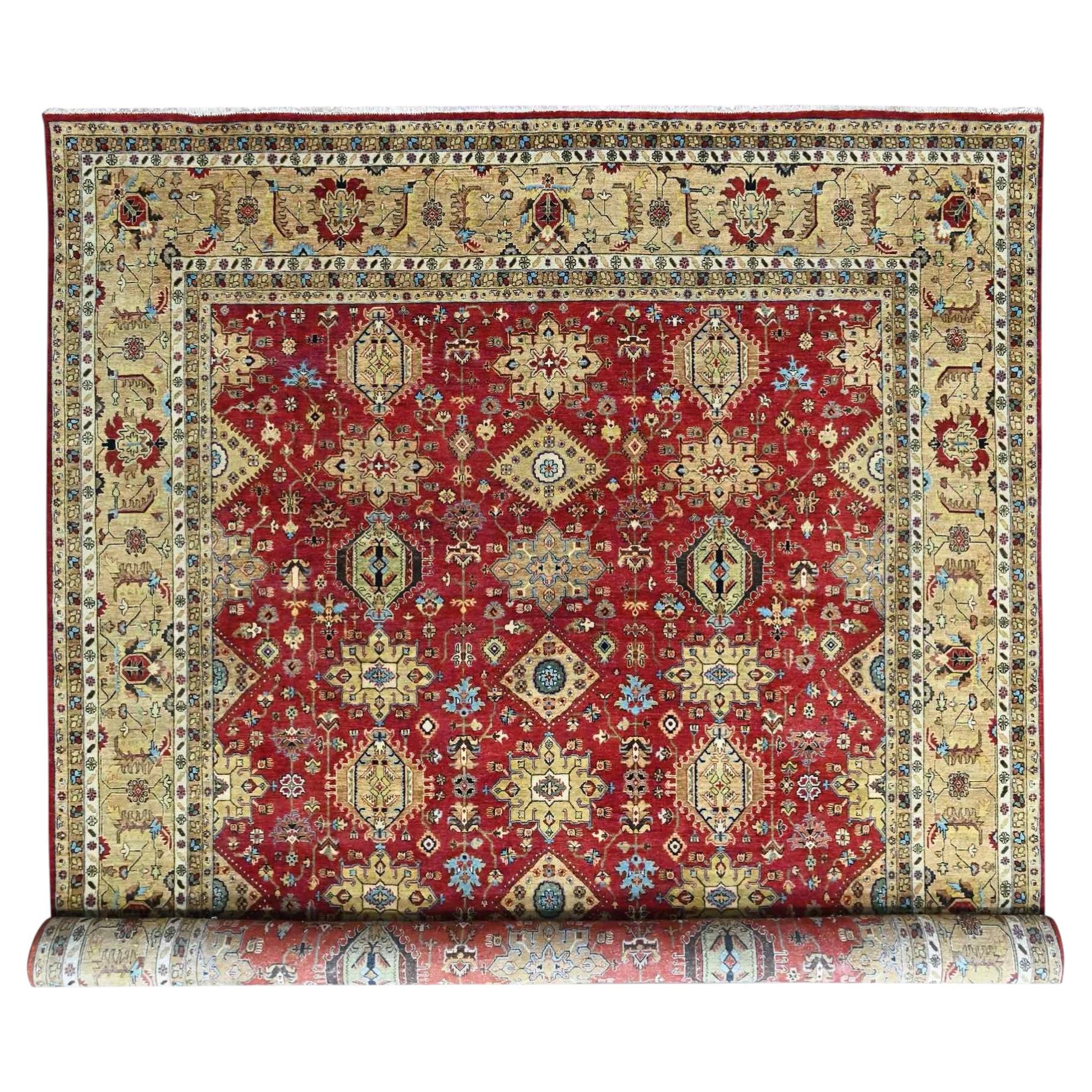 12'x14'9" Crimson Red Hand Knotted Karajeh Design Pure Wool Oriental Rug
