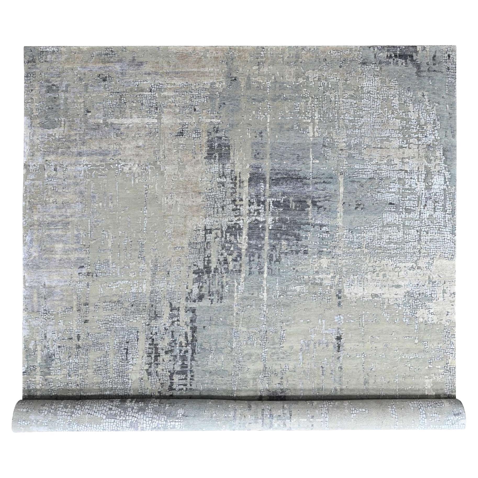 12'x14'9" Silbergrau Abstrakt mit Mosaik-Design Handgeknüpfter Teppich aus Wolle und Seide im Angebot