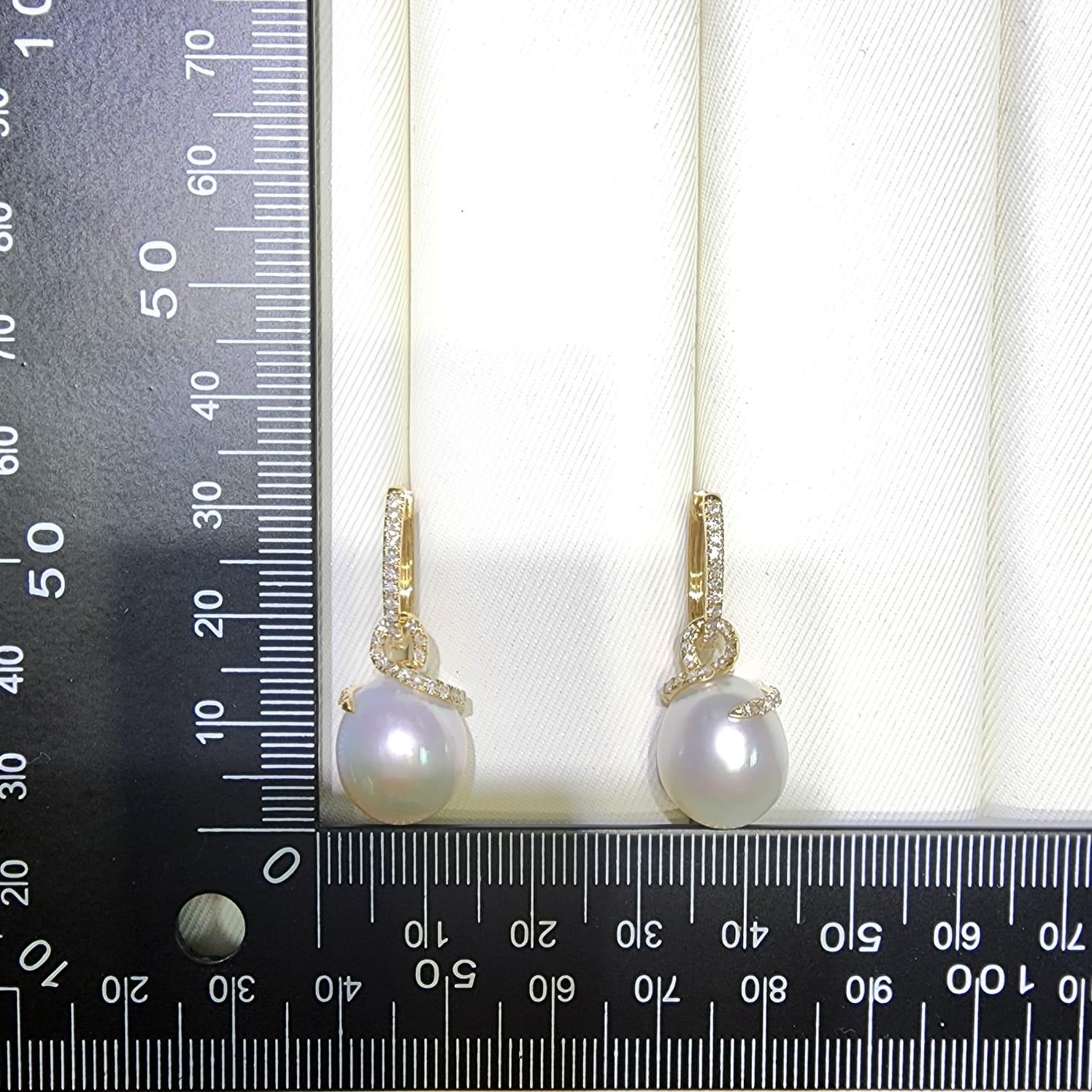 Bead 12x14mm Oval South Sea Pearl Diamond Dangle Earrings in 14 Karat Yellow Gold For Sale