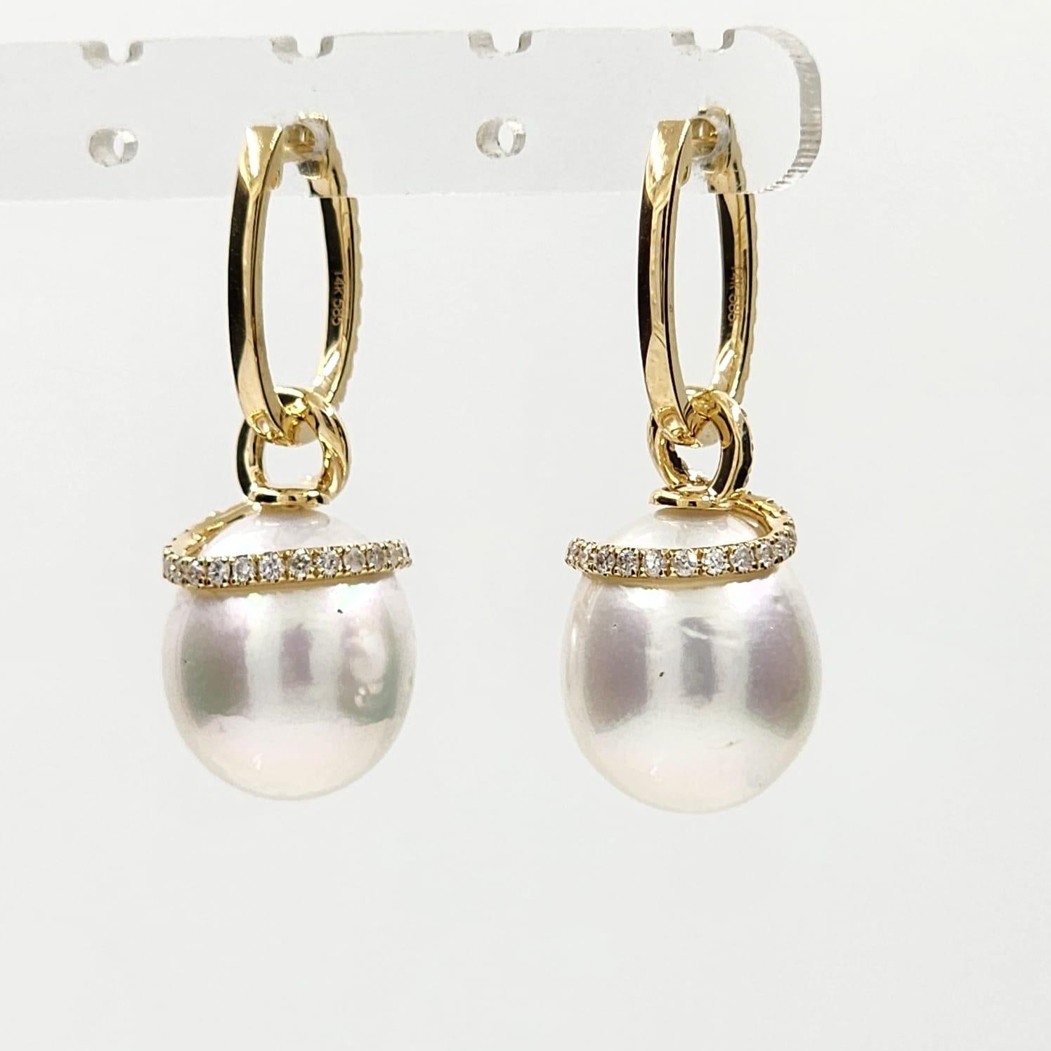 Women's 12x14mm Oval South Sea Pearl Diamond Dangle Earrings in 14 Karat Yellow Gold For Sale