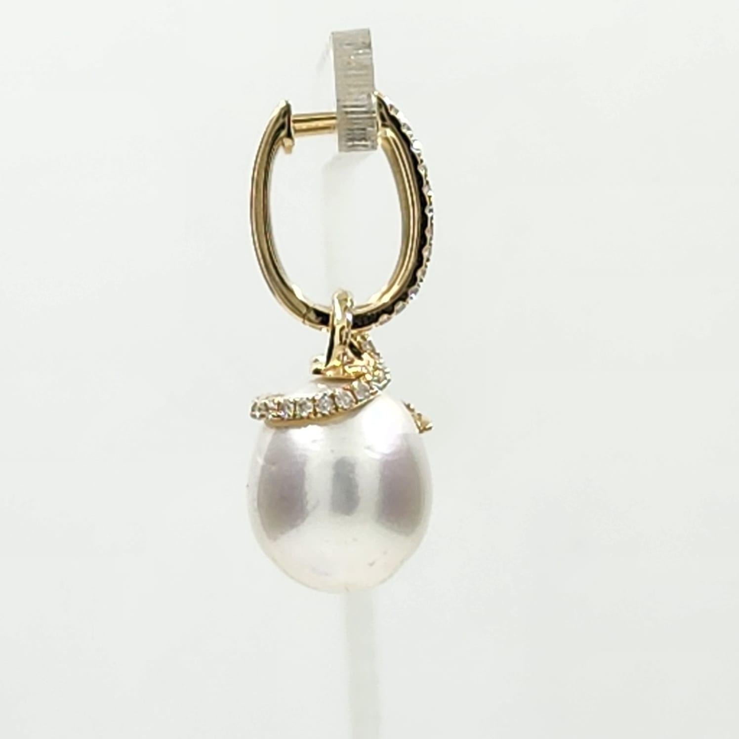 12x14mm Oval South Sea Pearl Diamond Dangle Earrings in 14 Karat Yellow Gold For Sale 1