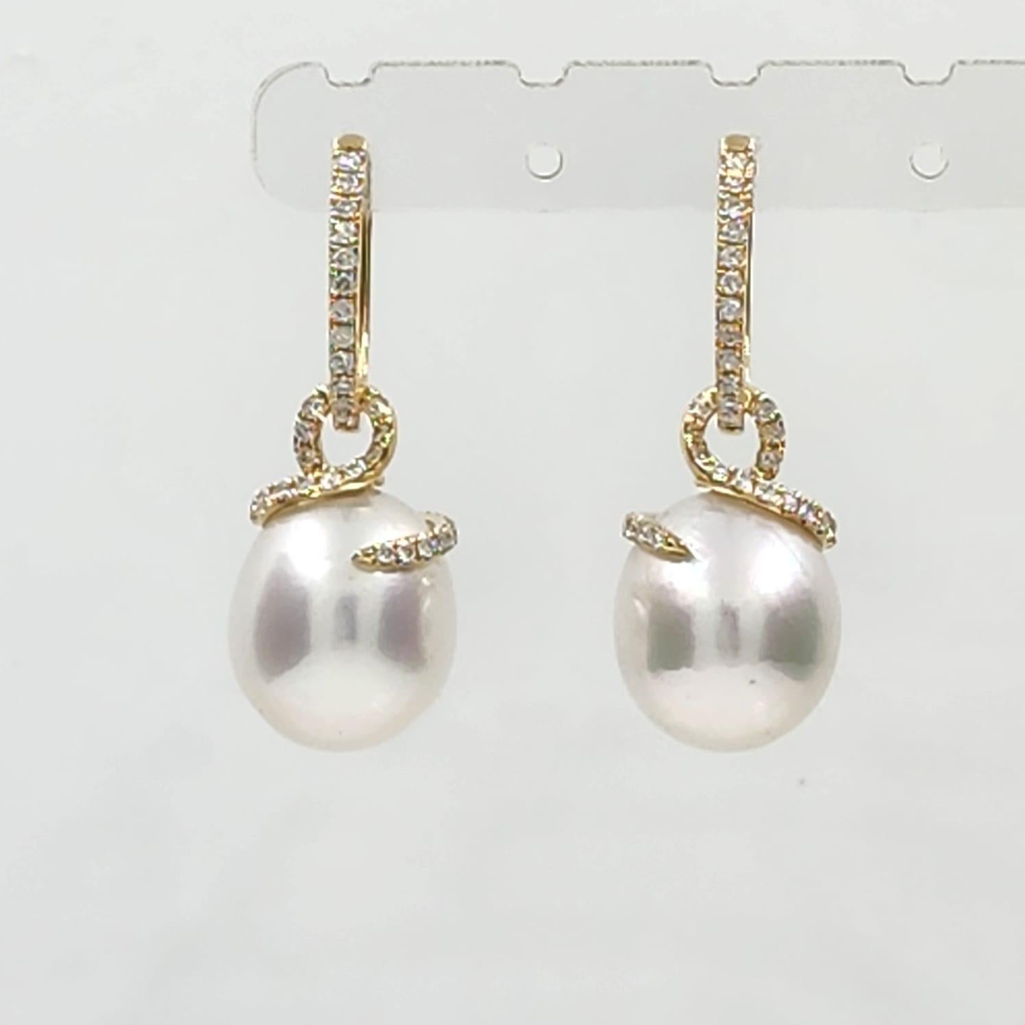 12x14mm Oval South Sea Pearl Diamond Dangle Earrings in 14 Karat Yellow Gold For Sale 2