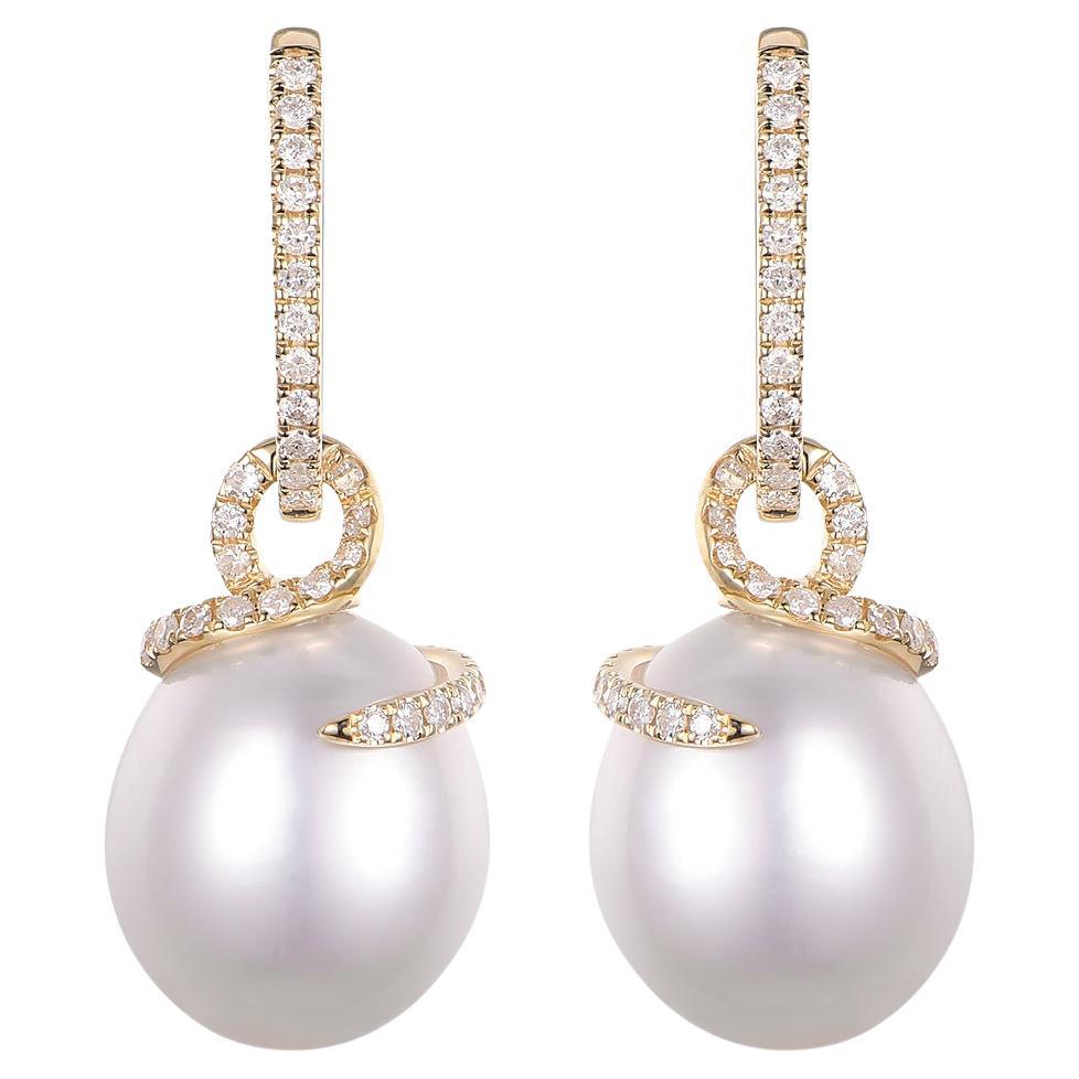 12x14mm Oval South Sea Pearl Diamond Dangle Earrings in 14 Karat Yellow Gold For Sale